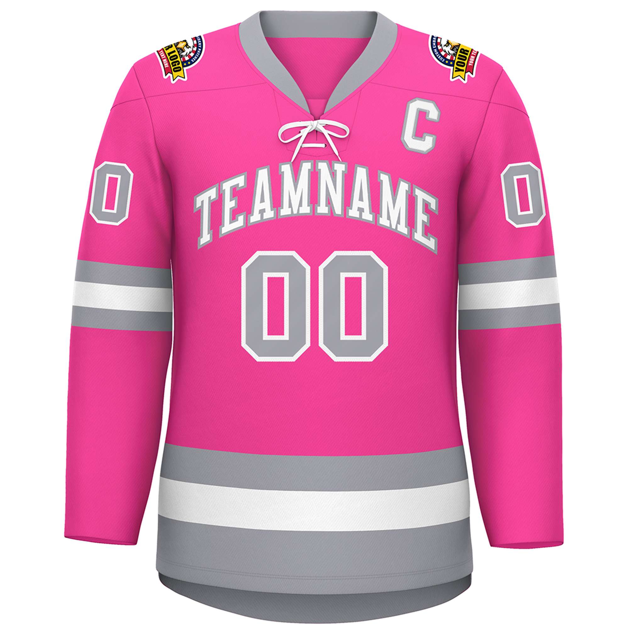 Custom Pink White-Gray Lace-Up Neck Hockey Jersey | KXKSHOP