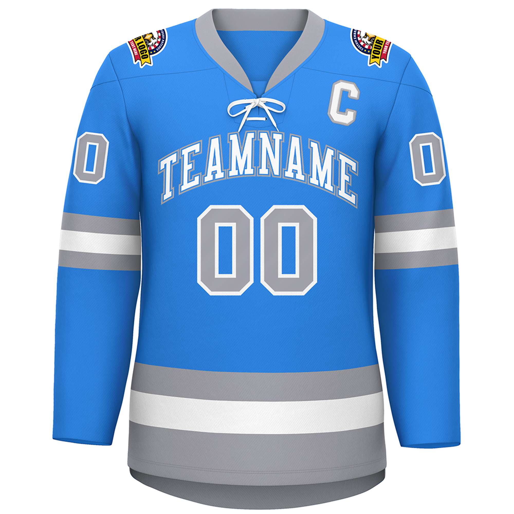 Custom Powder Blue White-Gray Lace-Up Neck Hockey Jersey | KXKSHOP
