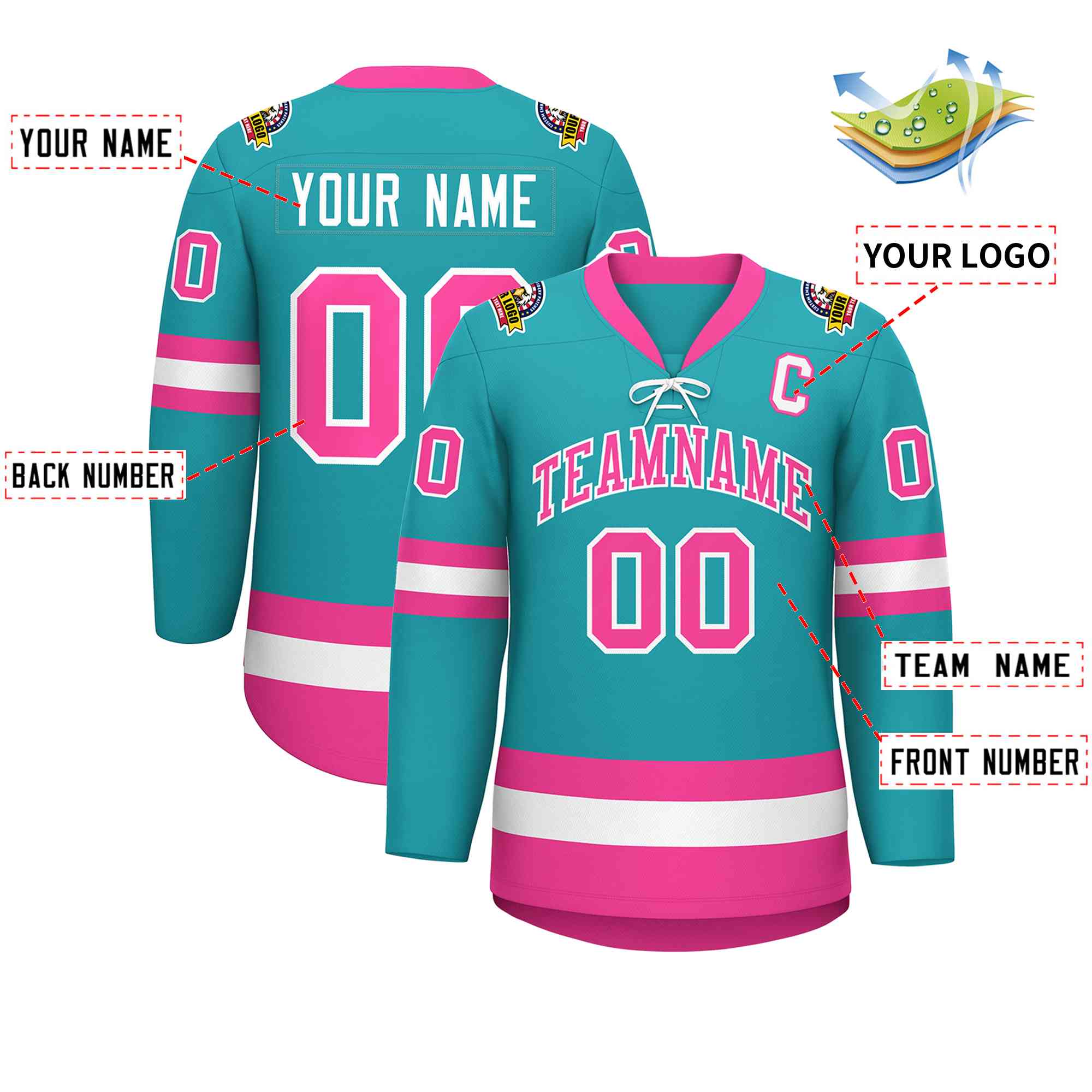 Custom Aqua Pink-White Lace-Up Neck Hockey Jersey | KXKSHOP