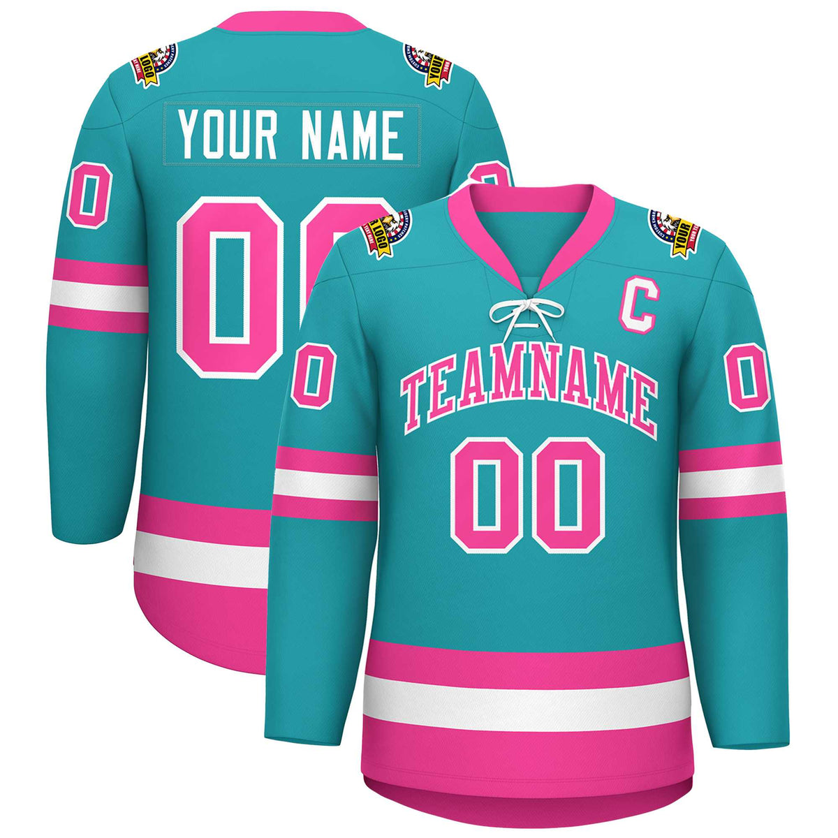 Custom Aqua Pink-White Lace-Up Neck Hockey Jersey | KXKSHOP