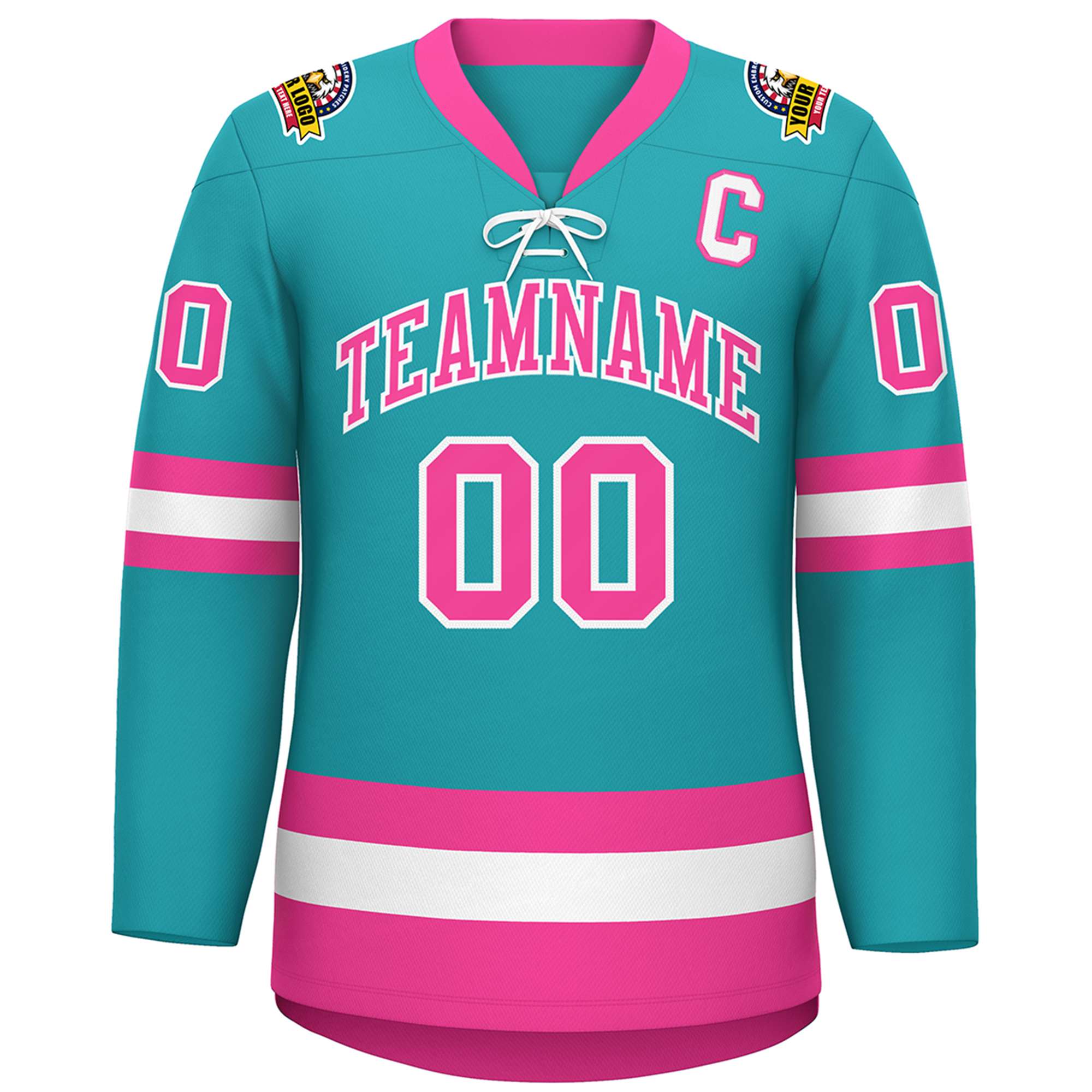 Custom Aqua Pink-White Lace-Up Neck Hockey Jersey | KXKSHOP