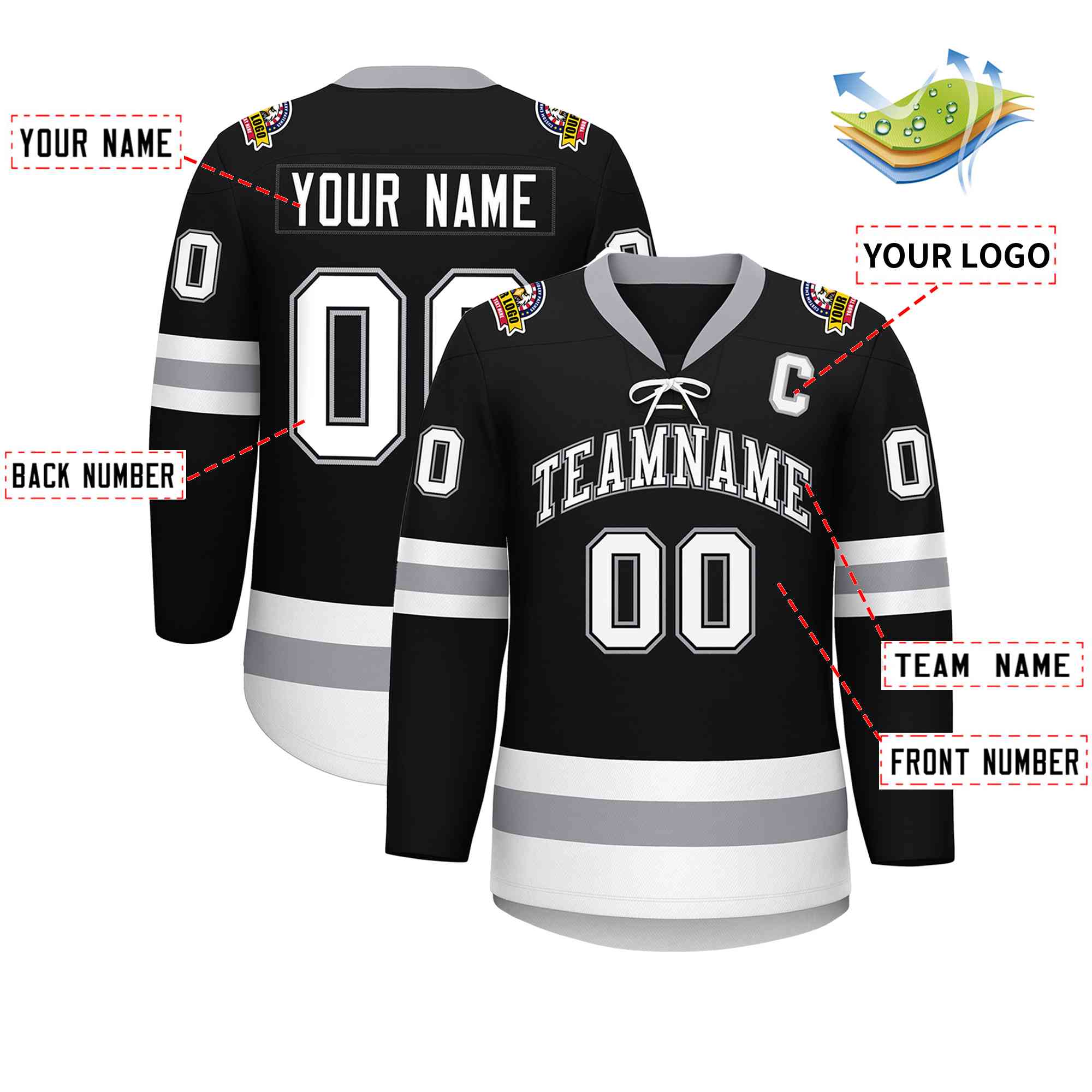 Custom Black White-Gray Lace-Up Neck Hockey Jersey | KXKSHOP