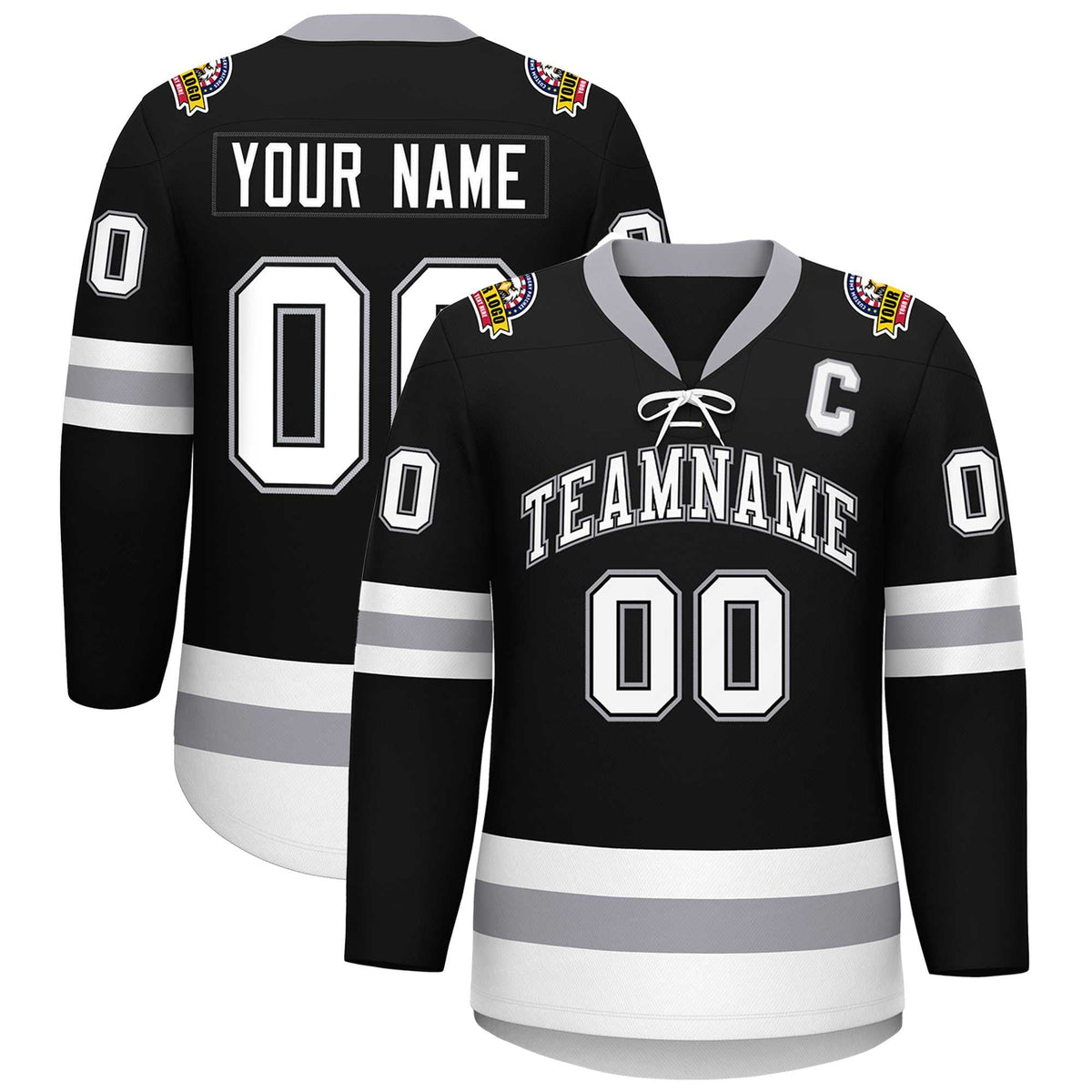 Custom Black White-Gray Lace-Up Neck Hockey Jersey | KXKSHOP