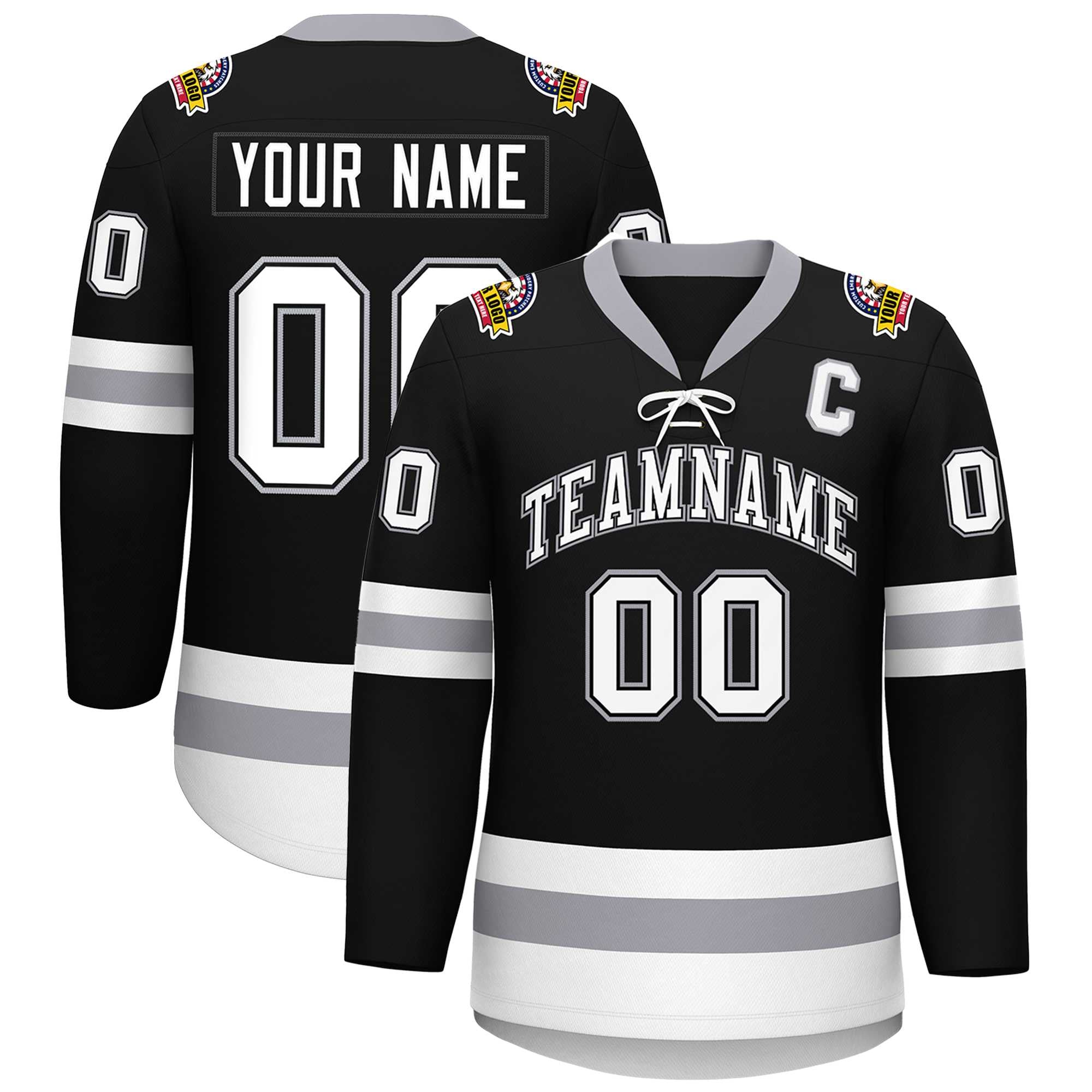 Custom Black White-Gray Lace-Up Neck Hockey Jersey | KXKSHOP