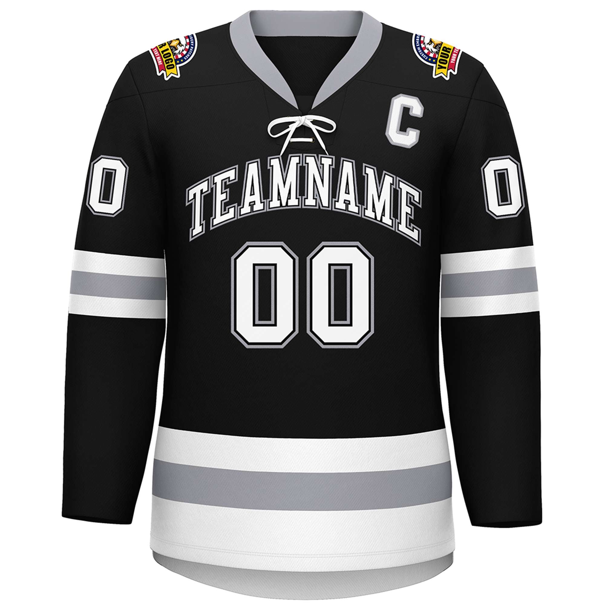 Custom Black White-Gray Lace-Up Neck Hockey Jersey | KXKSHOP