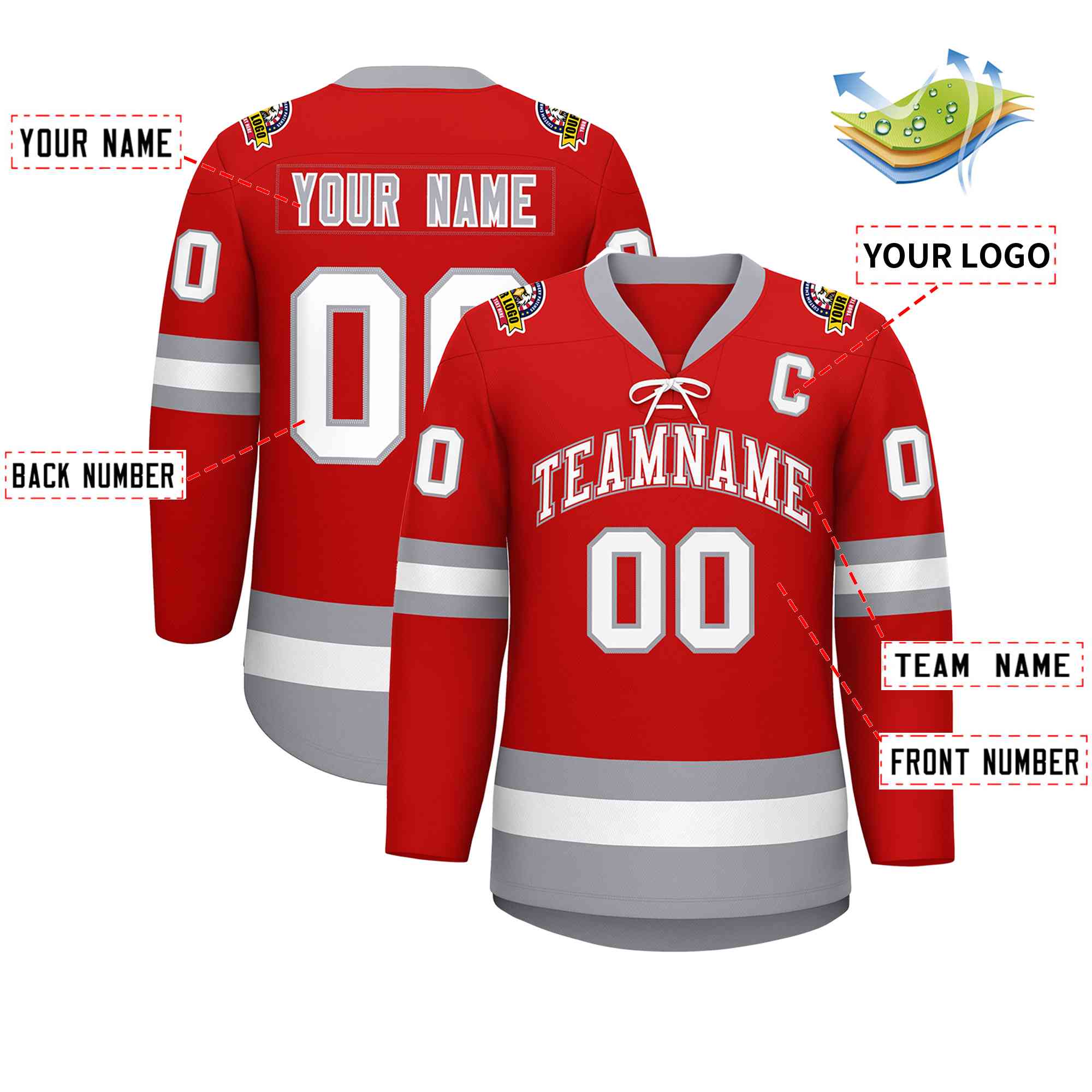 Custom Red White-Gray Lace-Up Neck Hockey Jersey | KXKSHOP