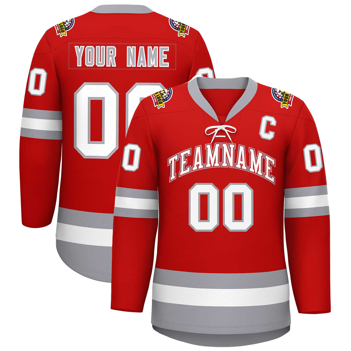 Custom Red White-Gray Lace-Up Neck Hockey Jersey | KXKSHOP