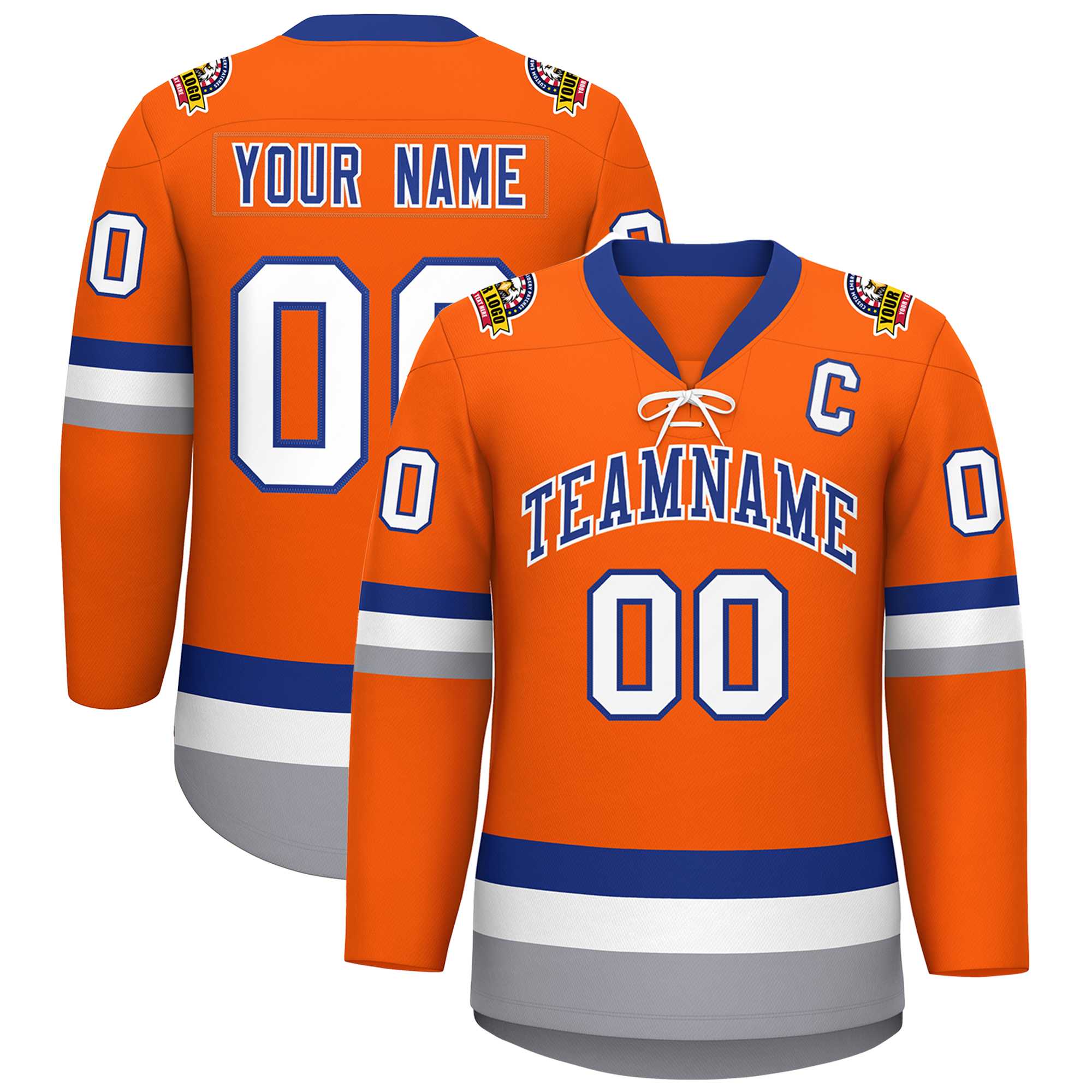 Custom Orange Royal-White Lace-Up Neck Hockey Jersey | KXKSHOP