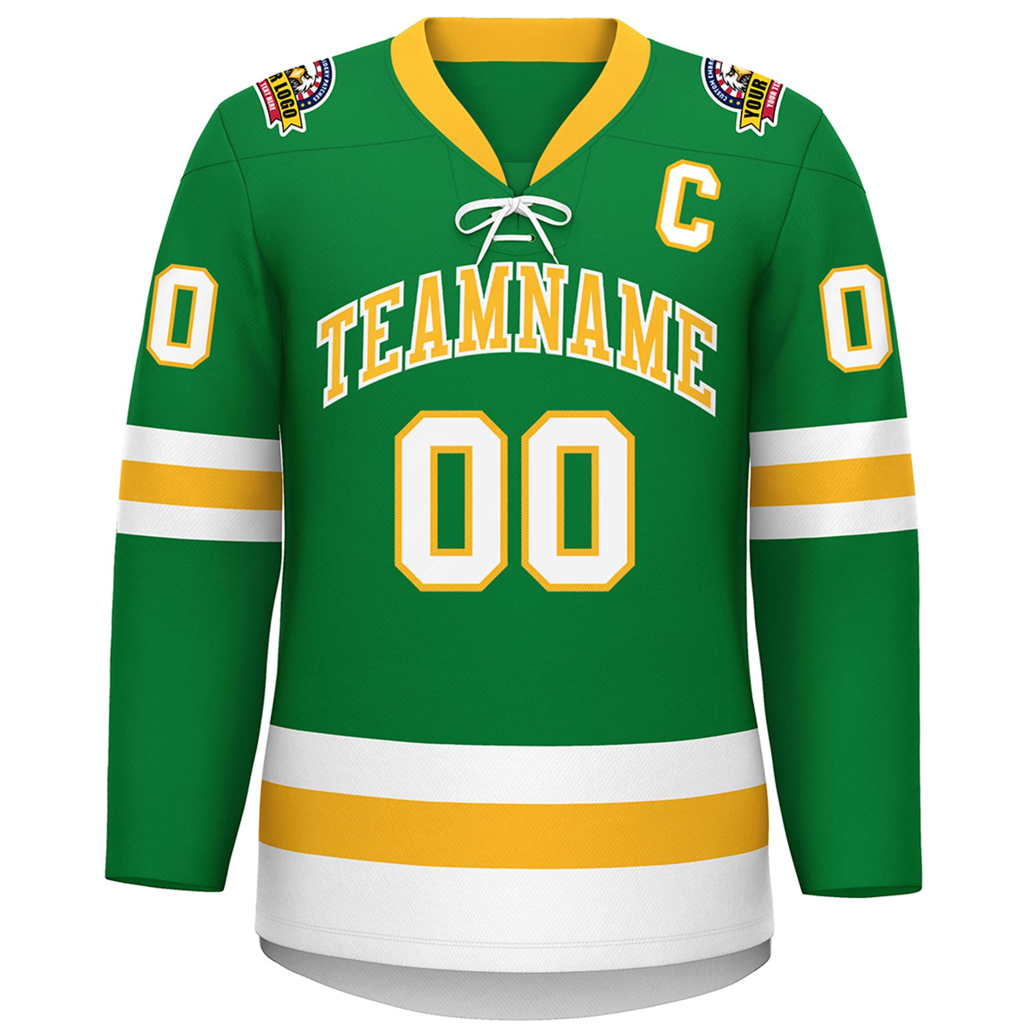 Custom Kelly Green Gold-White Lace-Up Neck Hockey Jersey | KXKSHOP