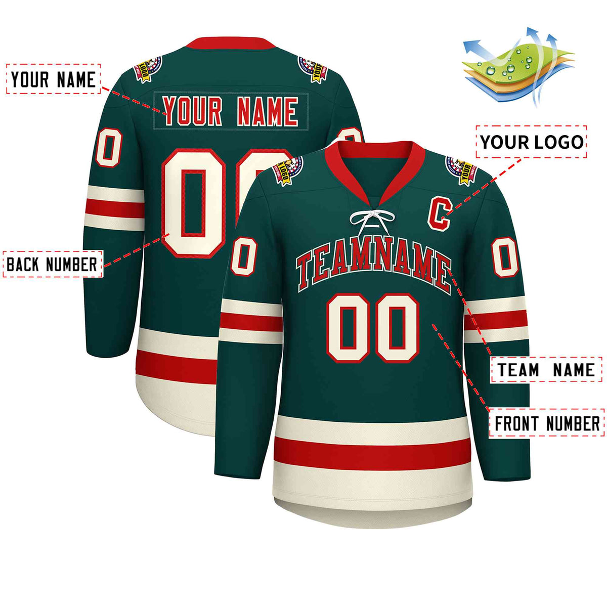 Custom Midnight Green Red-Cream Lace-Up Neck Hockey Jersey | KXKSHOP