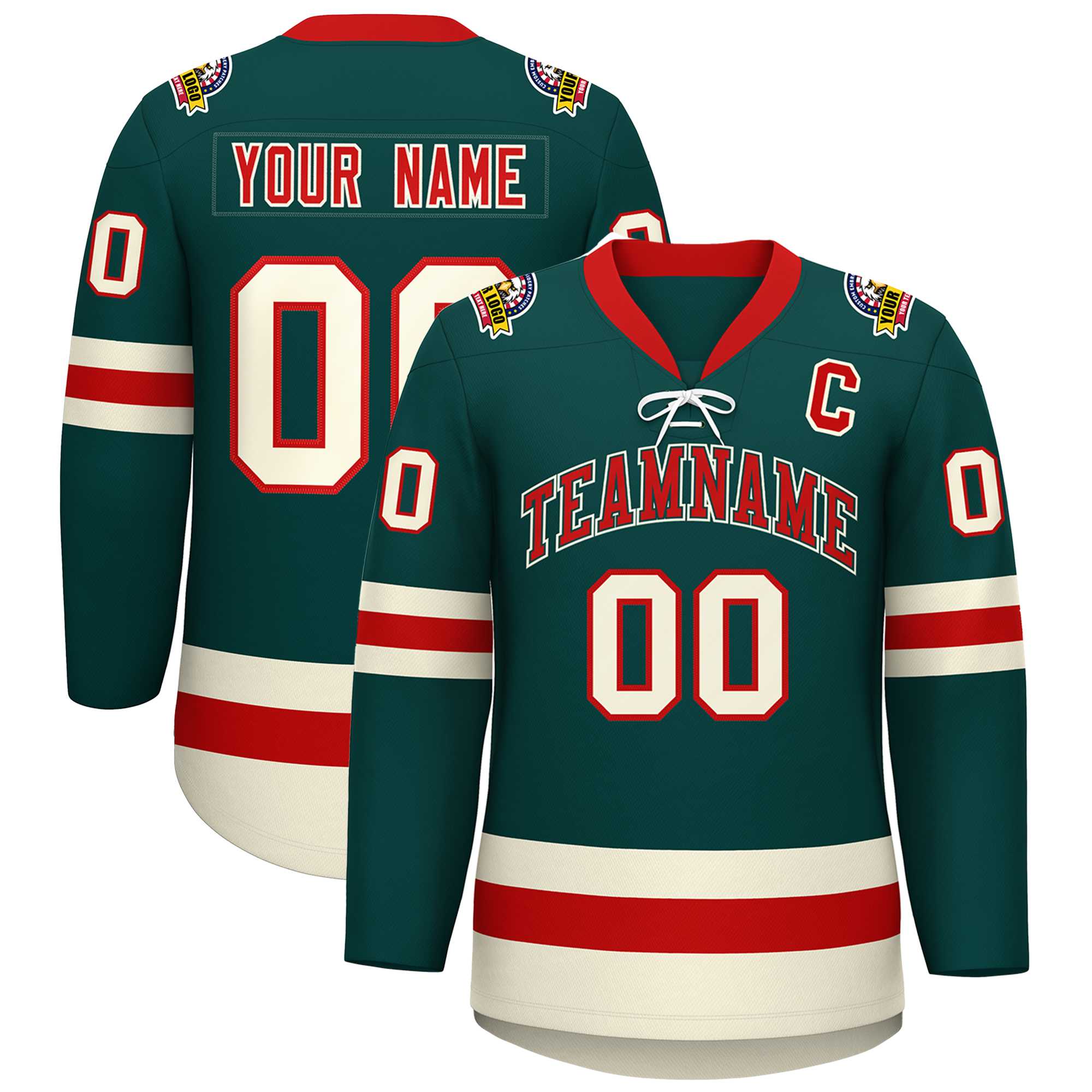 Custom Midnight Green Red-Cream Lace-Up Neck Hockey Jersey | KXKSHOP