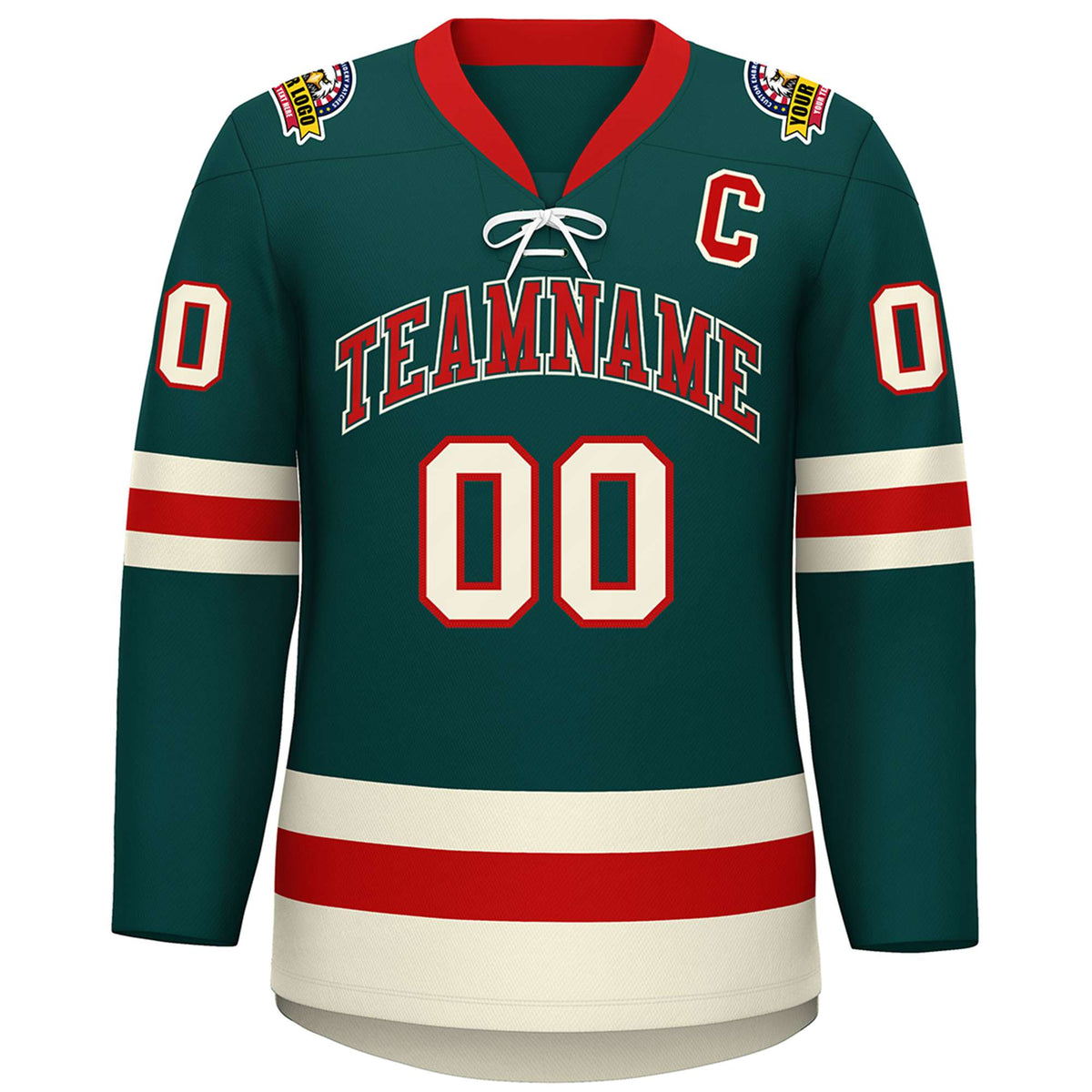 Custom Midnight Green Red-Cream Lace-Up Neck Hockey Jersey | KXKSHOP