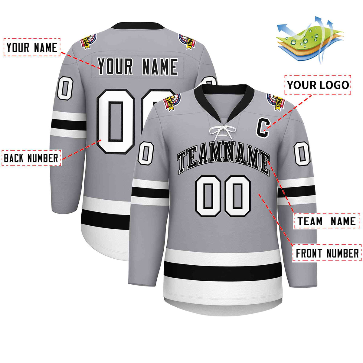 Custom Gray Black-White Lace-Up Neck Hockey Jersey | KXKSHOP