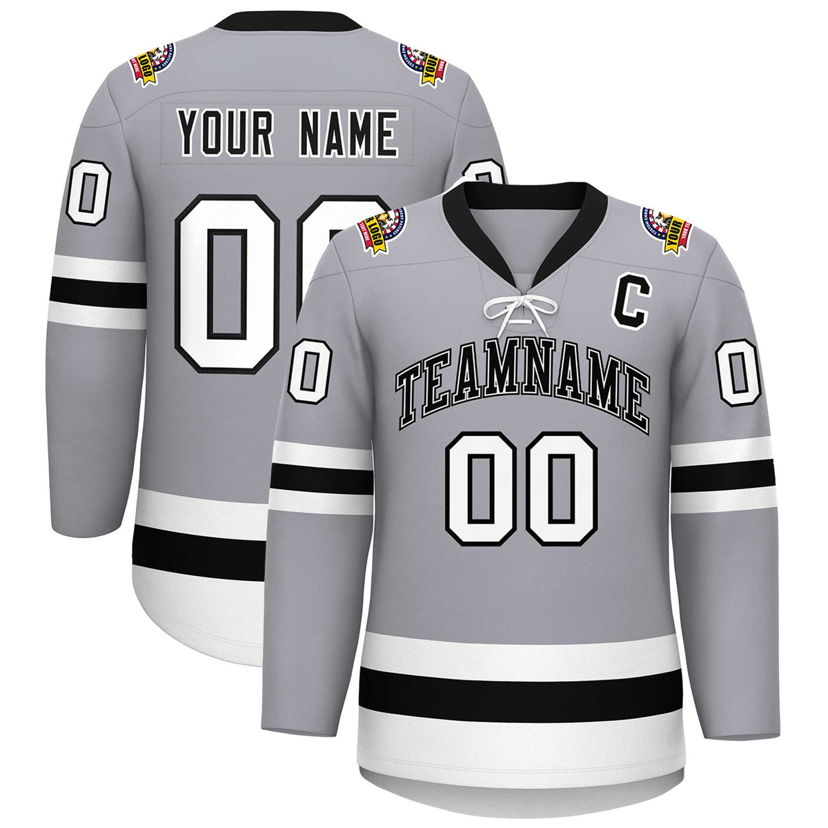 Custom Gray Black-White Lace-Up Neck Hockey Jersey | KXKSHOP