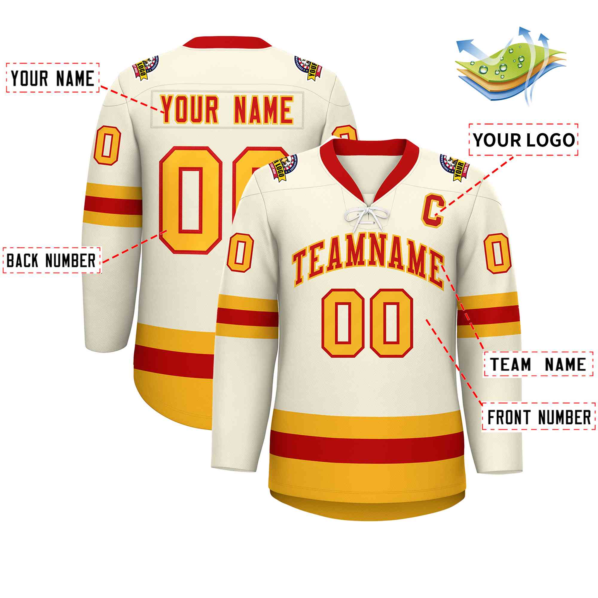 Custom Cream Red-Gold Lace-Up Neck Hockey Jersey | KXKSHOP