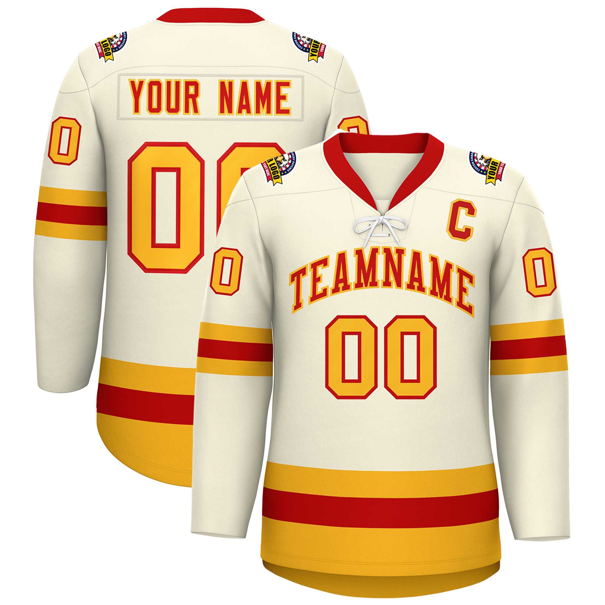 Custom Cream Red-Gold Lace-Up Neck Hockey Jersey | KXKSHOP