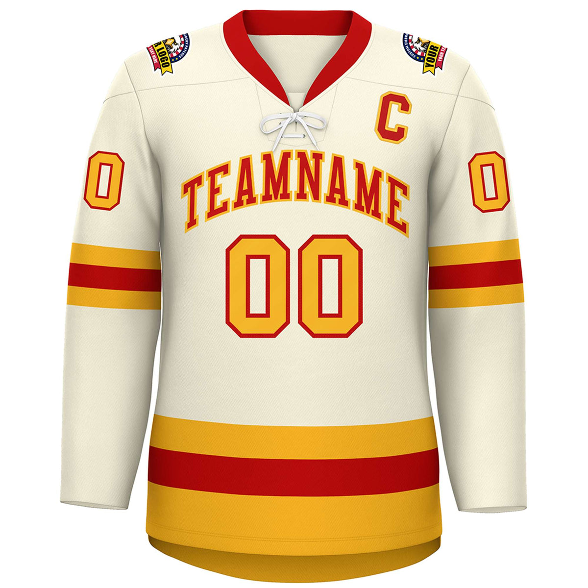 Custom Cream Red-Gold Lace-Up Neck Hockey Jersey | KXKSHOP