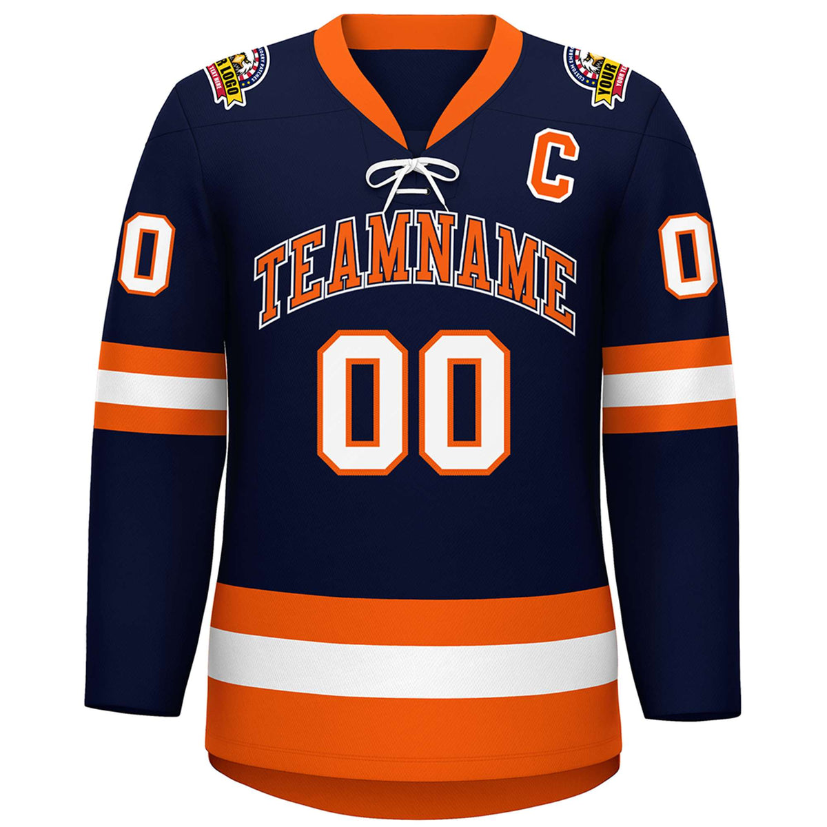 Custom Navy Orange-White Lace-Up Neck Hockey Jersey | KXKSHOP
