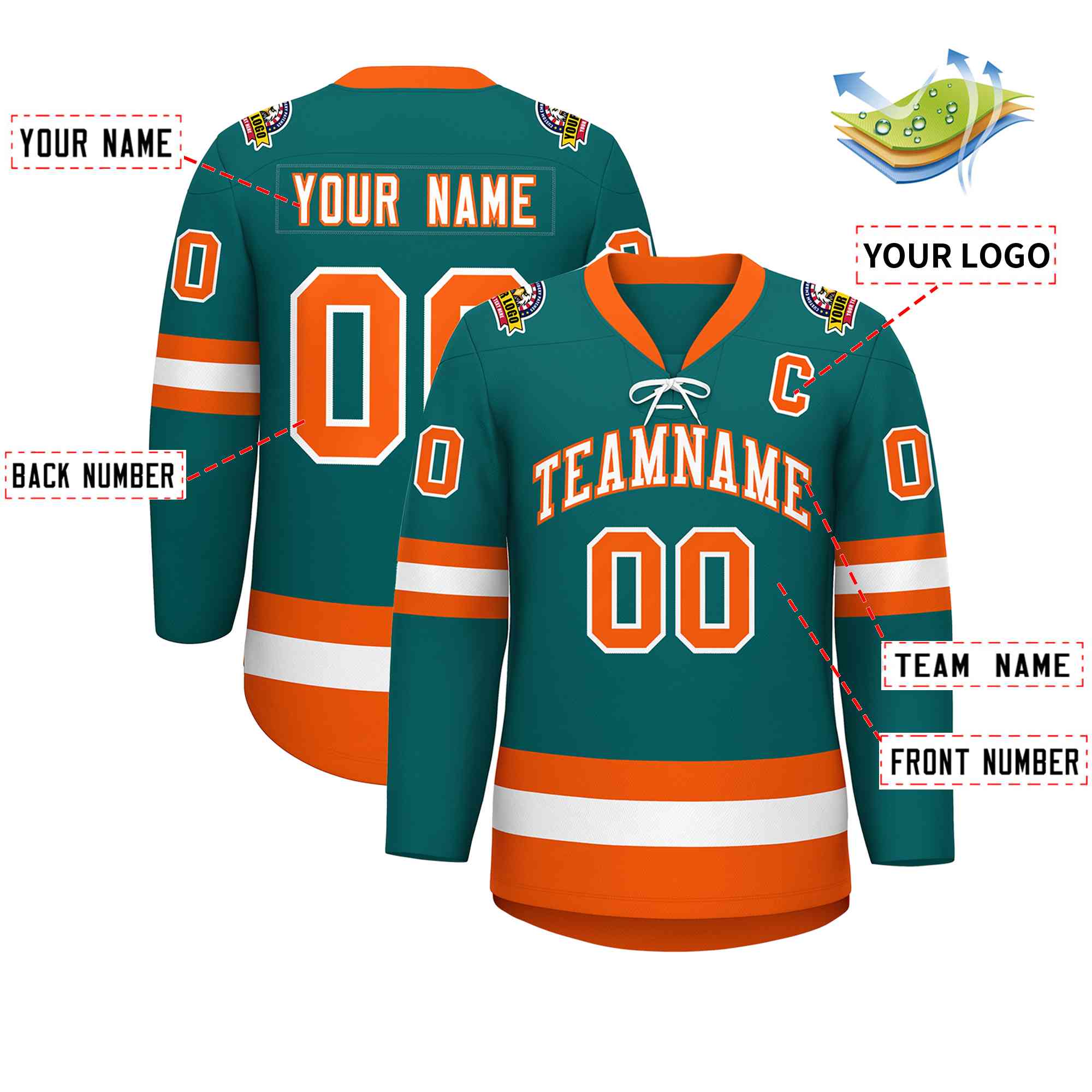 Custom Aqua White-Orange Lace-Up Neck Hockey Jersey | KXKSHOP