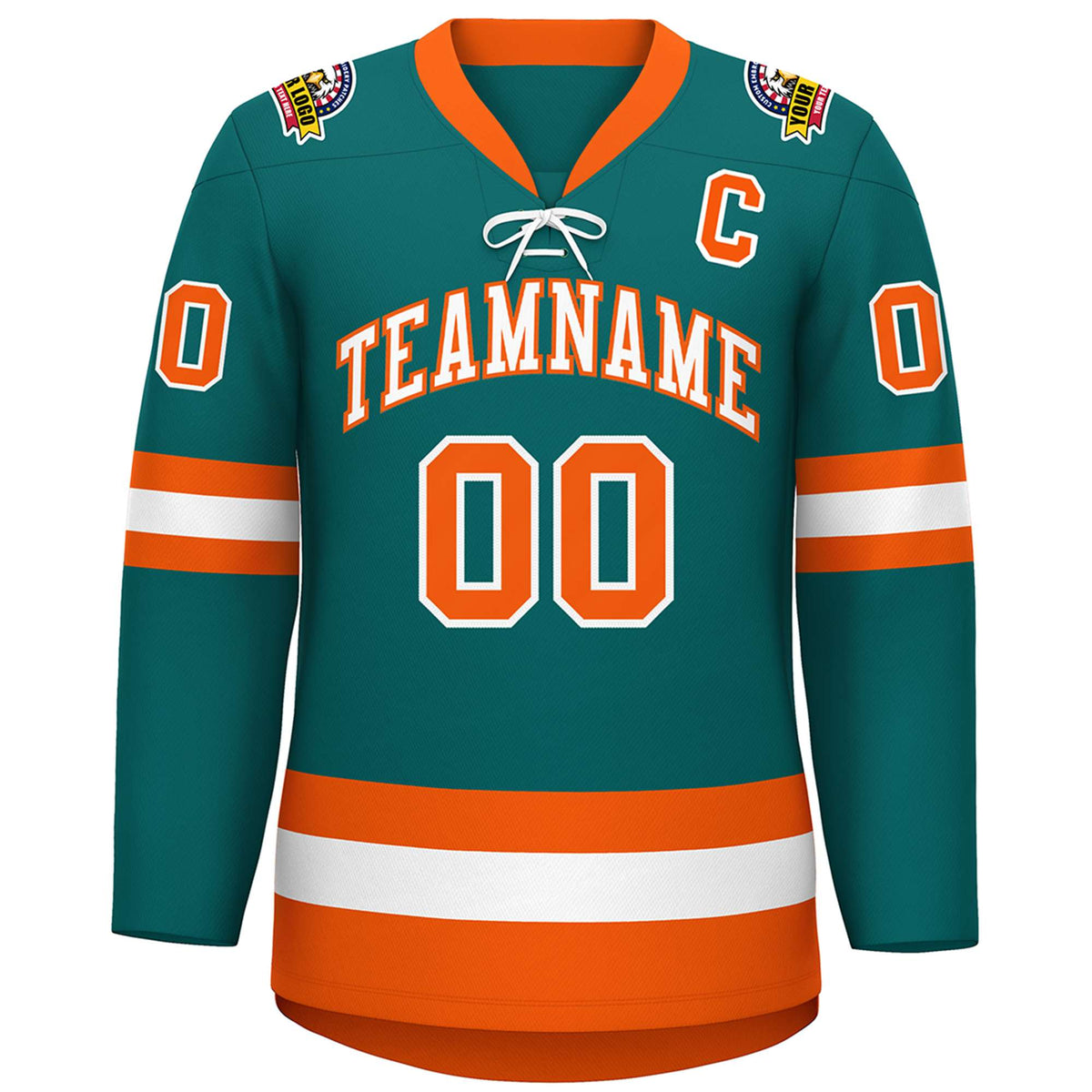 Custom Aqua White-Orange Lace-Up Neck Hockey Jersey | KXKSHOP