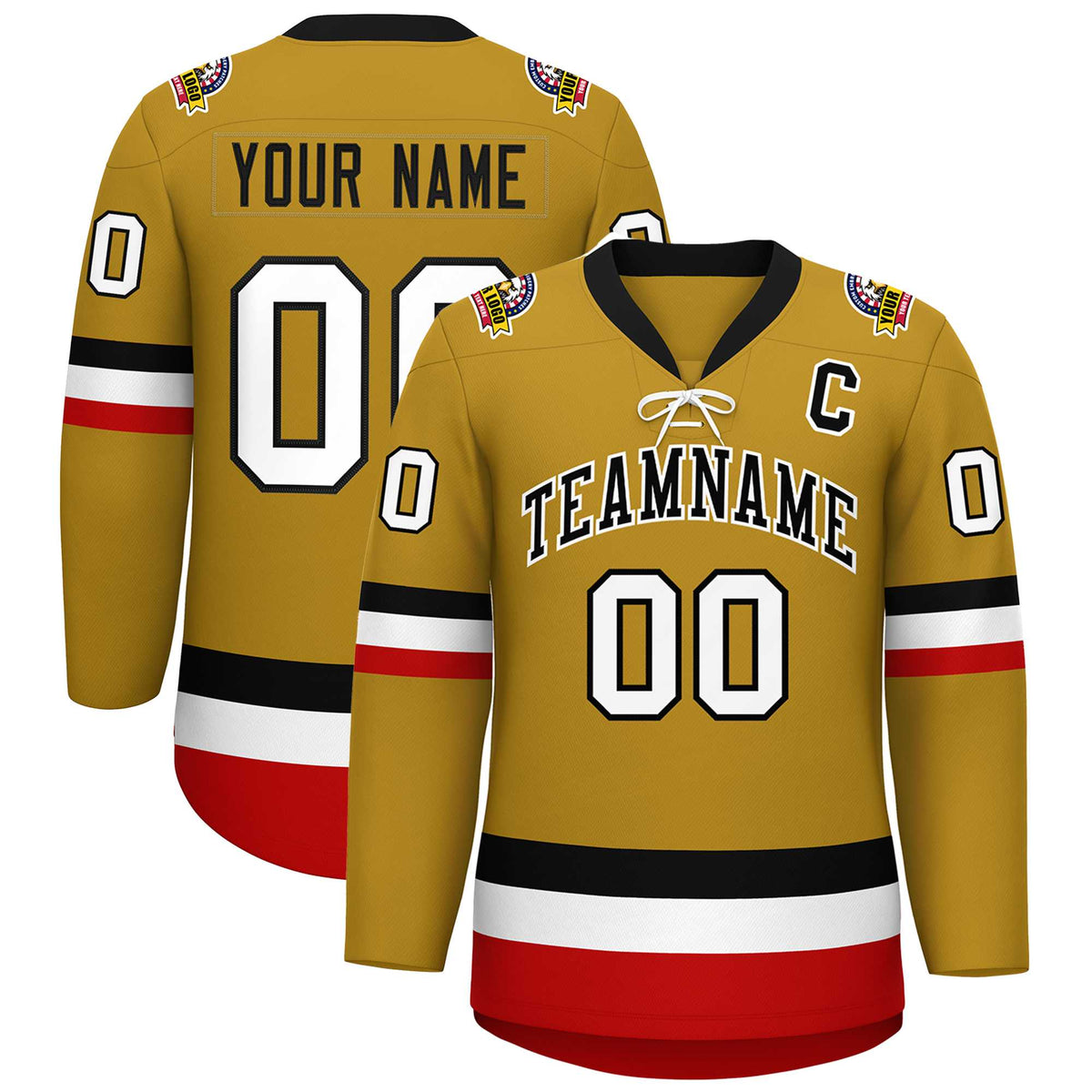 Custom Old Gold Black-White Lace-Up Neck Hockey Jersey | KXKSHOP
