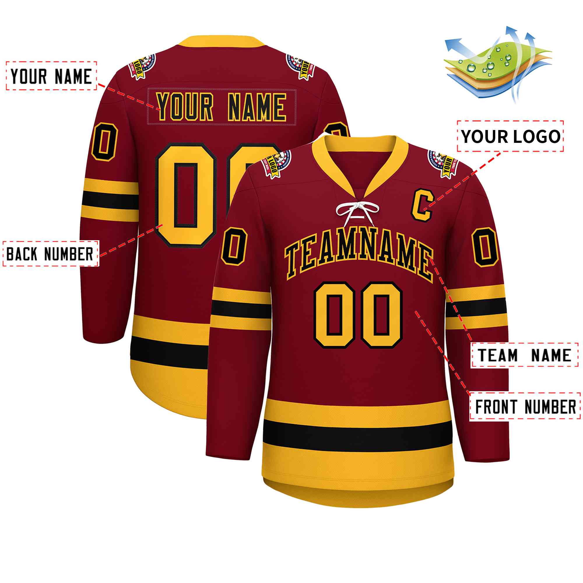 Custom Crimson Black-Gold Lace-Up Neck Hockey Jersey | KXKSHOP