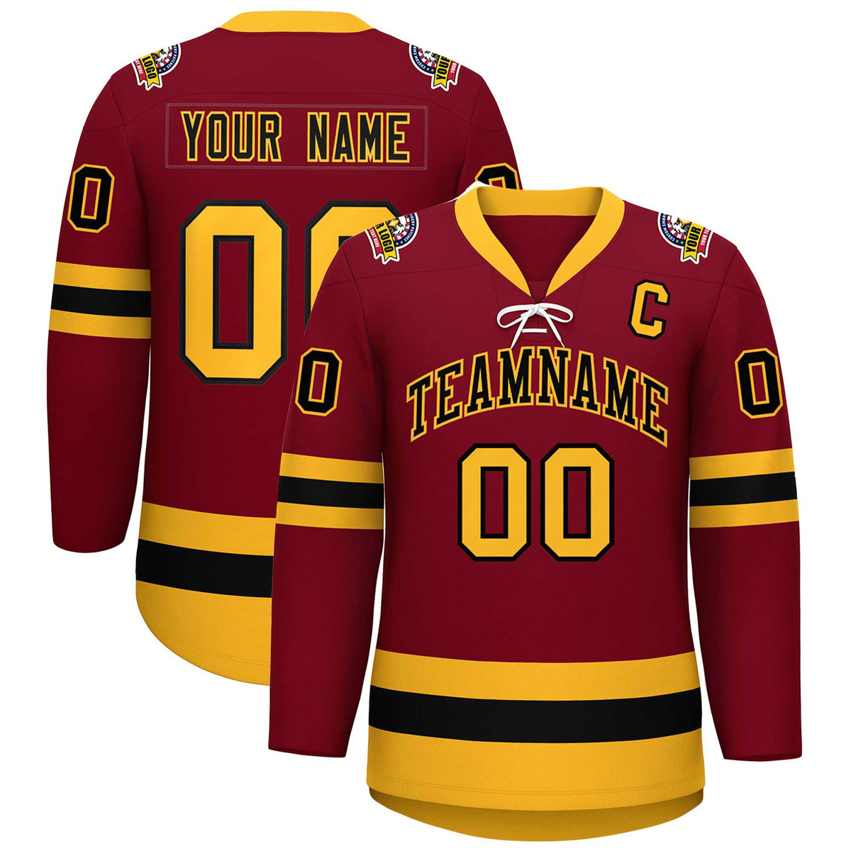 Custom Crimson Black-Gold Lace-Up Neck Hockey Jersey | KXKSHOP