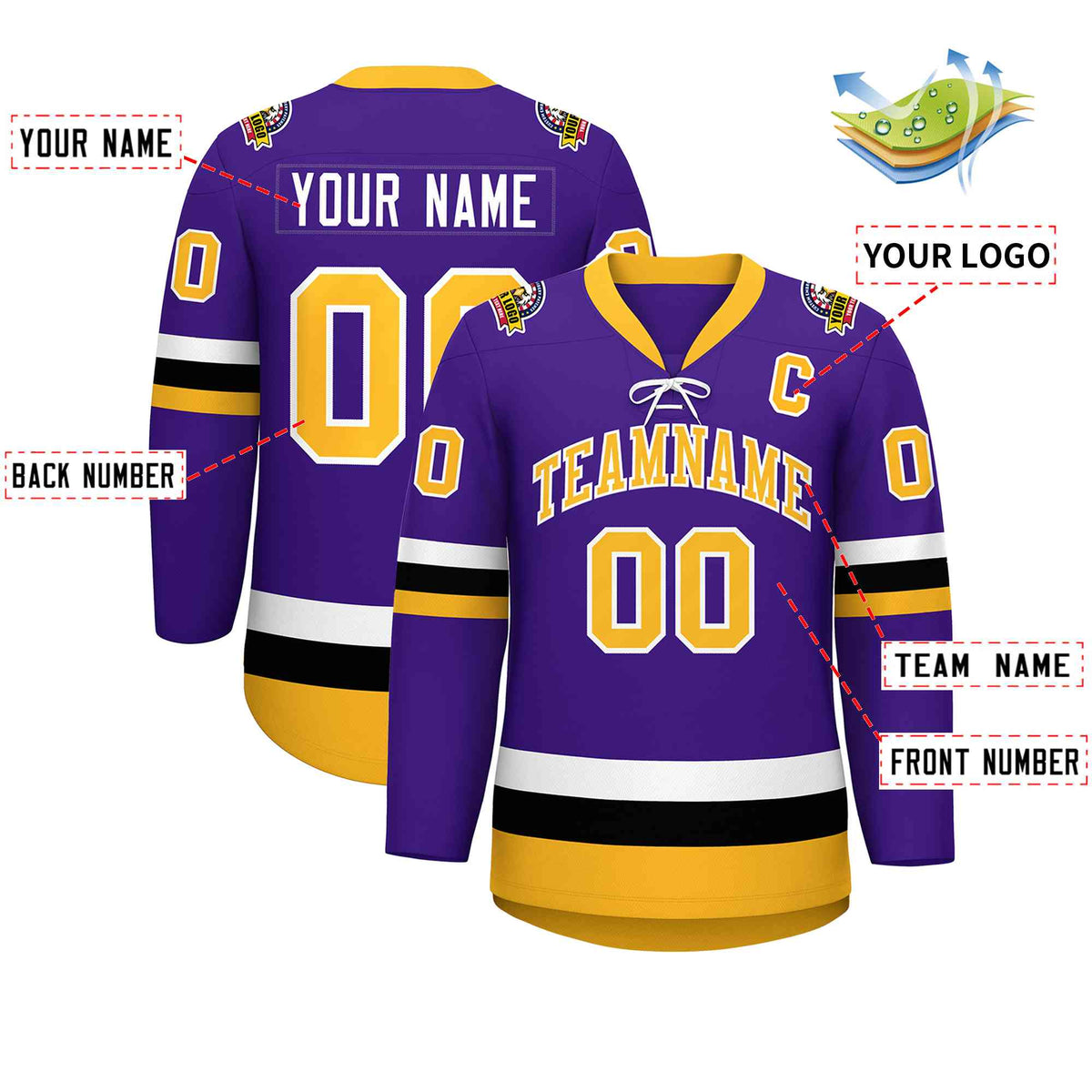 Custom Purple Gold-White Lace-Up Neck Hockey Jersey | KXKSHOP