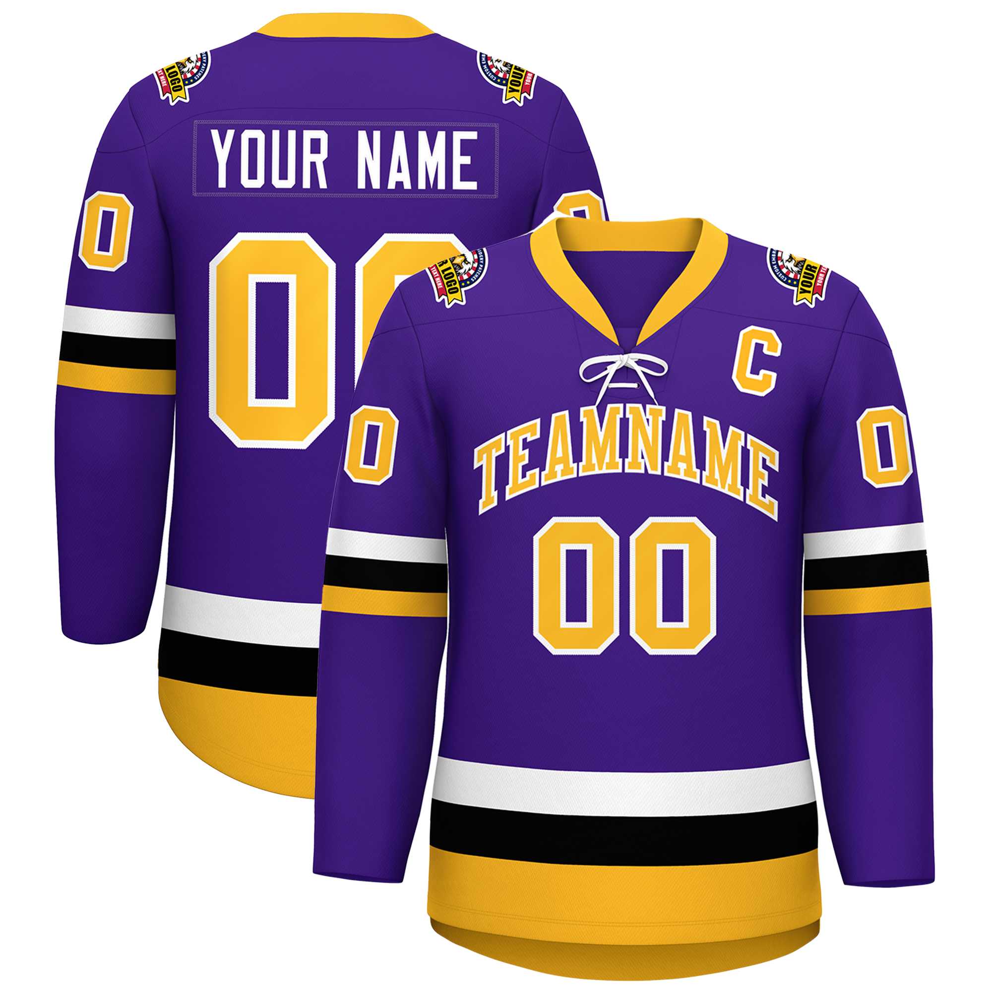 Custom Purple Gold-White Lace-Up Neck Hockey Jersey | KXKSHOP