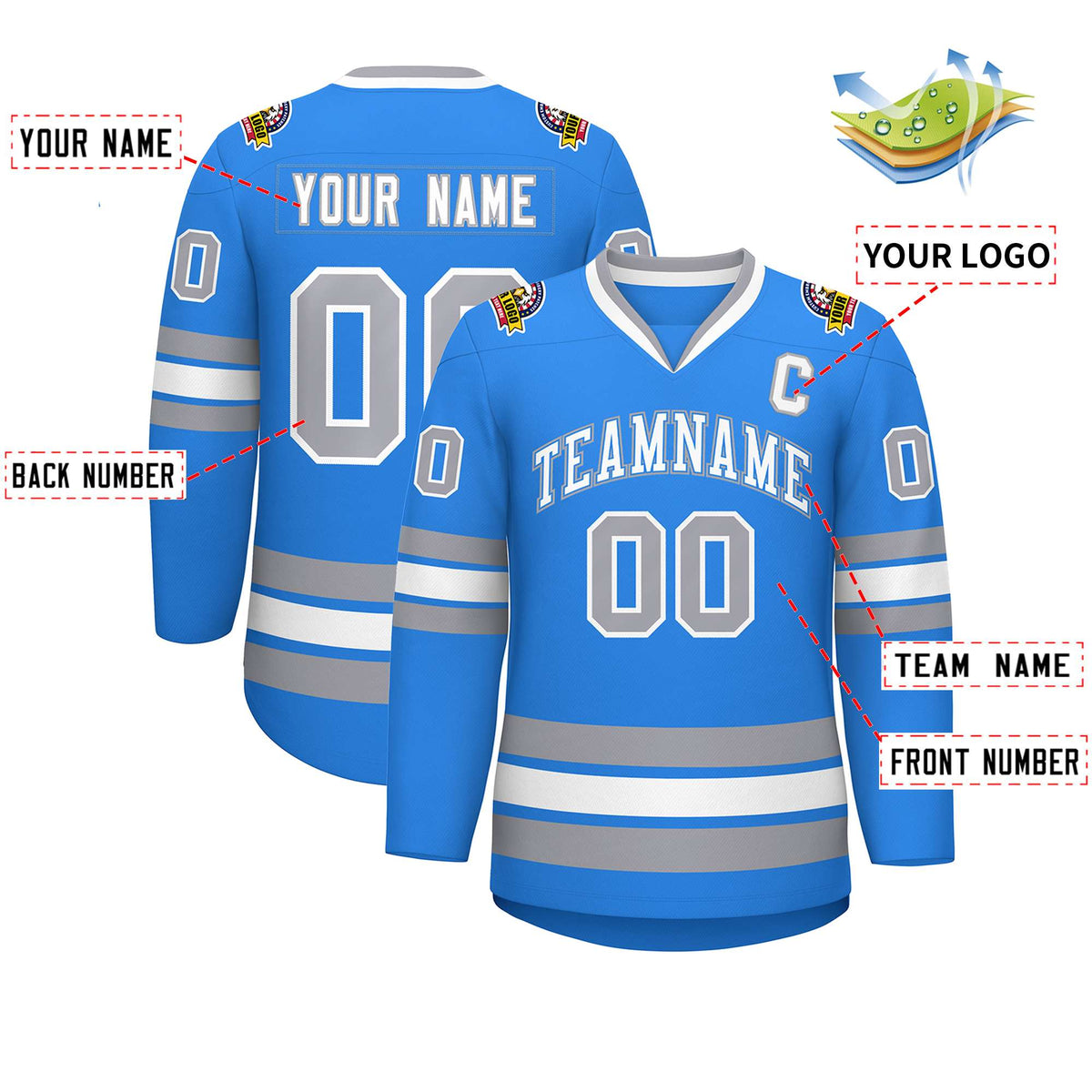 Custom Powder Blue White Powder Blue-Gray Classic Style Hockey Jersey | KXKSHOP