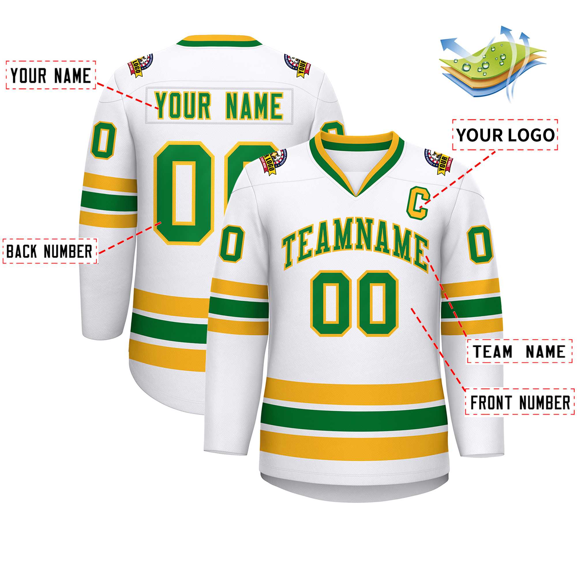 Custom White Kelly Green-Gold Classic Style Hockey Jersey | KXKSHOP