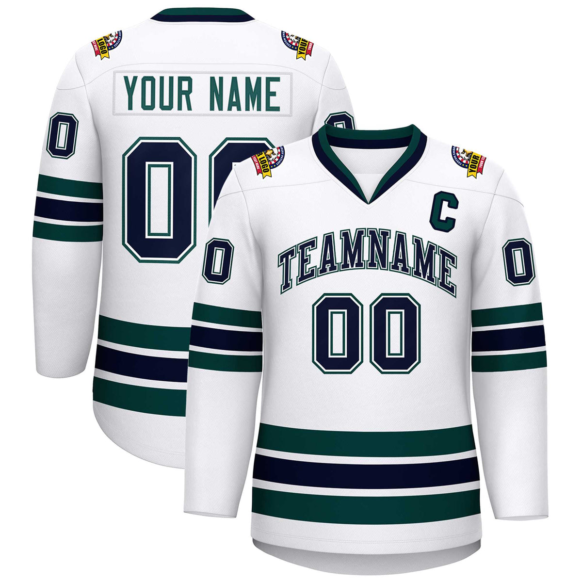 Custom White Navy White-Midnight Green Classic Style Hockey Jersey | KXKSHOP