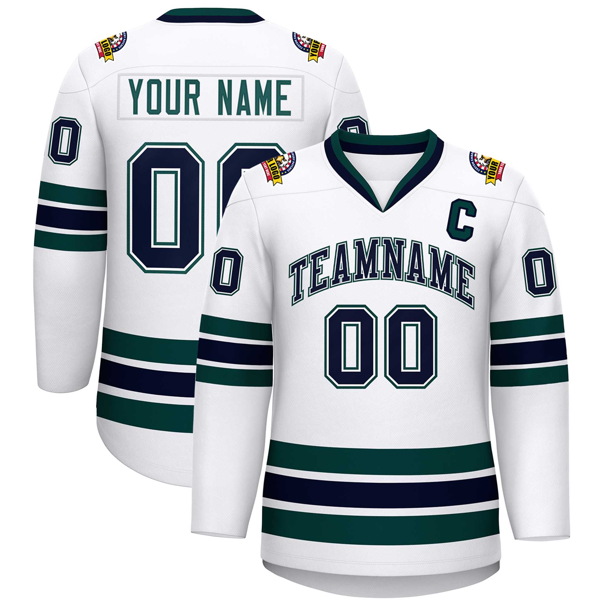 Custom White Navy White-Midnight Green Classic Style Hockey Jersey | KXKSHOP