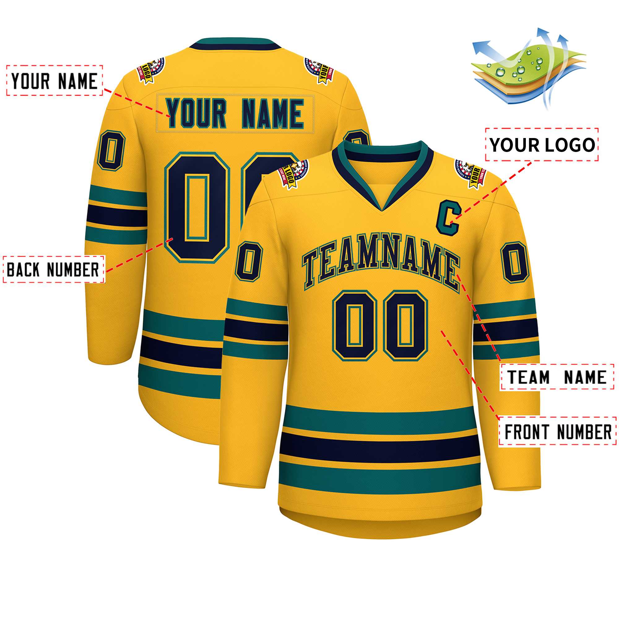 Custom Gold Navy Gold-Aqua Classic Style Hockey Jersey | KXKSHOP