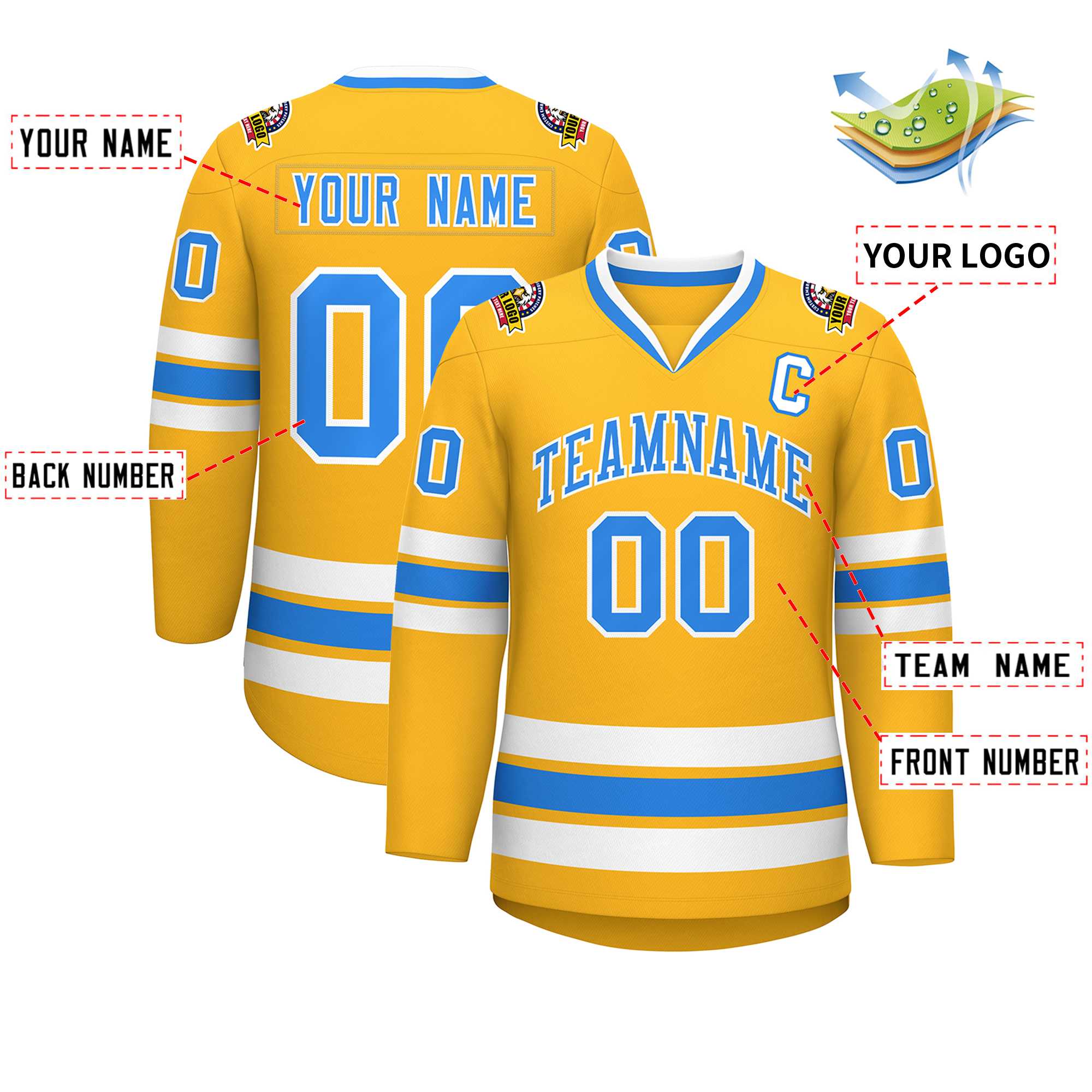 Custom Gold Powder Blue-White Classic Style Hockey Jersey | KXKSHOP