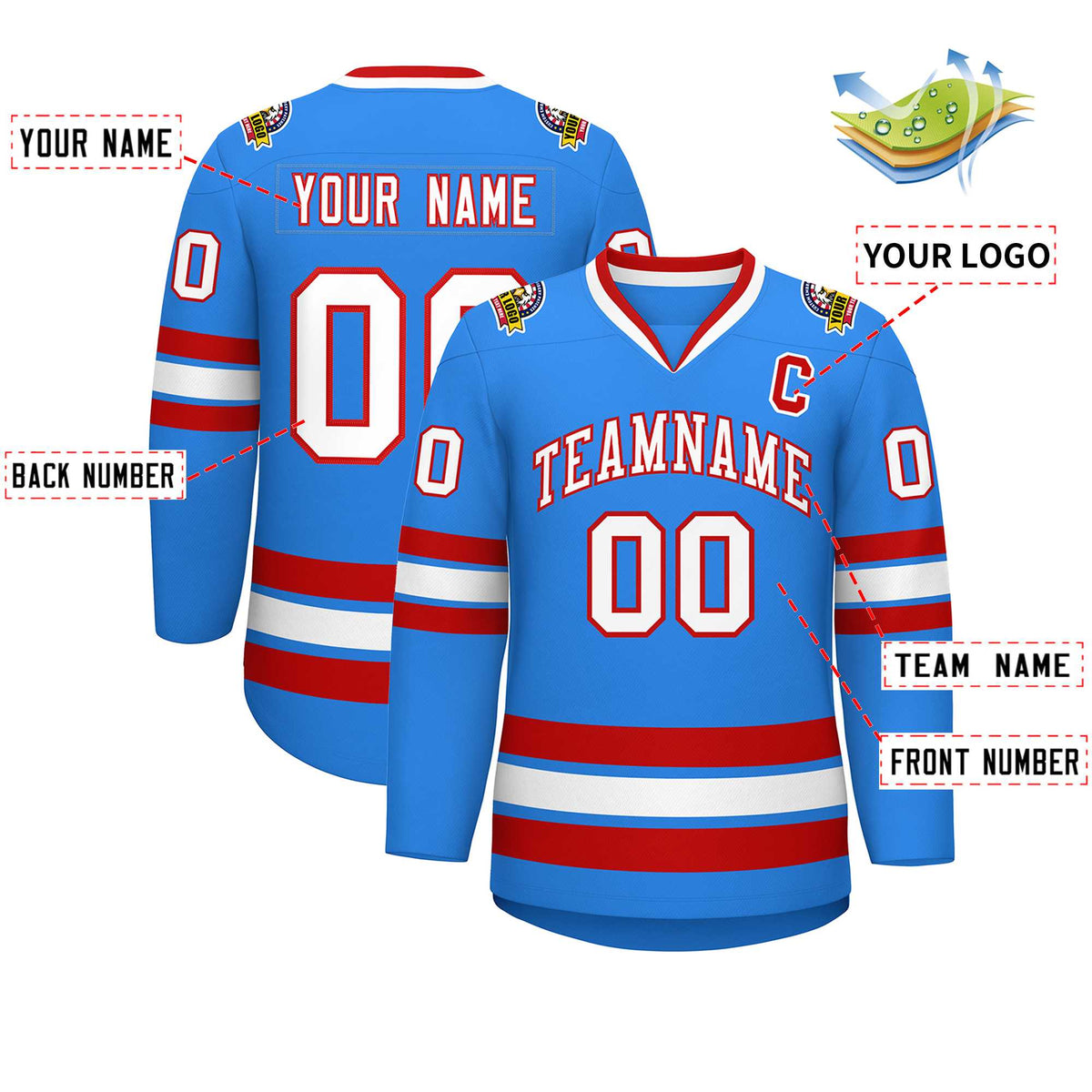 Custom Powder Blue White-Red Classic Style Hockey Jersey | KXKSHOP