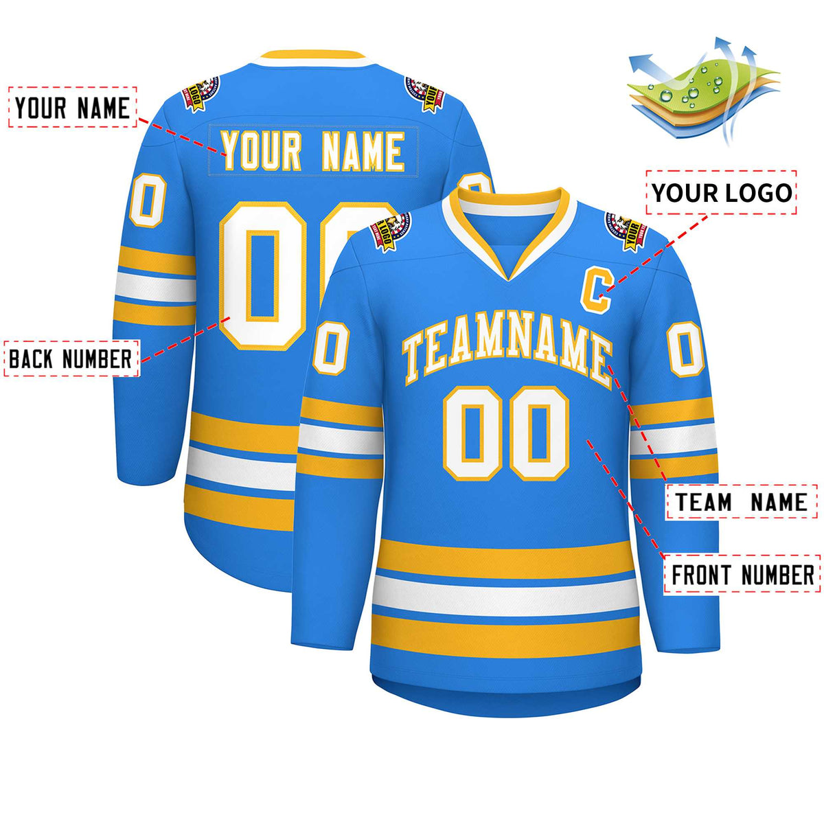 Custom Powder Blue White-Gold Classic Style Hockey Jersey | KXKSHOP