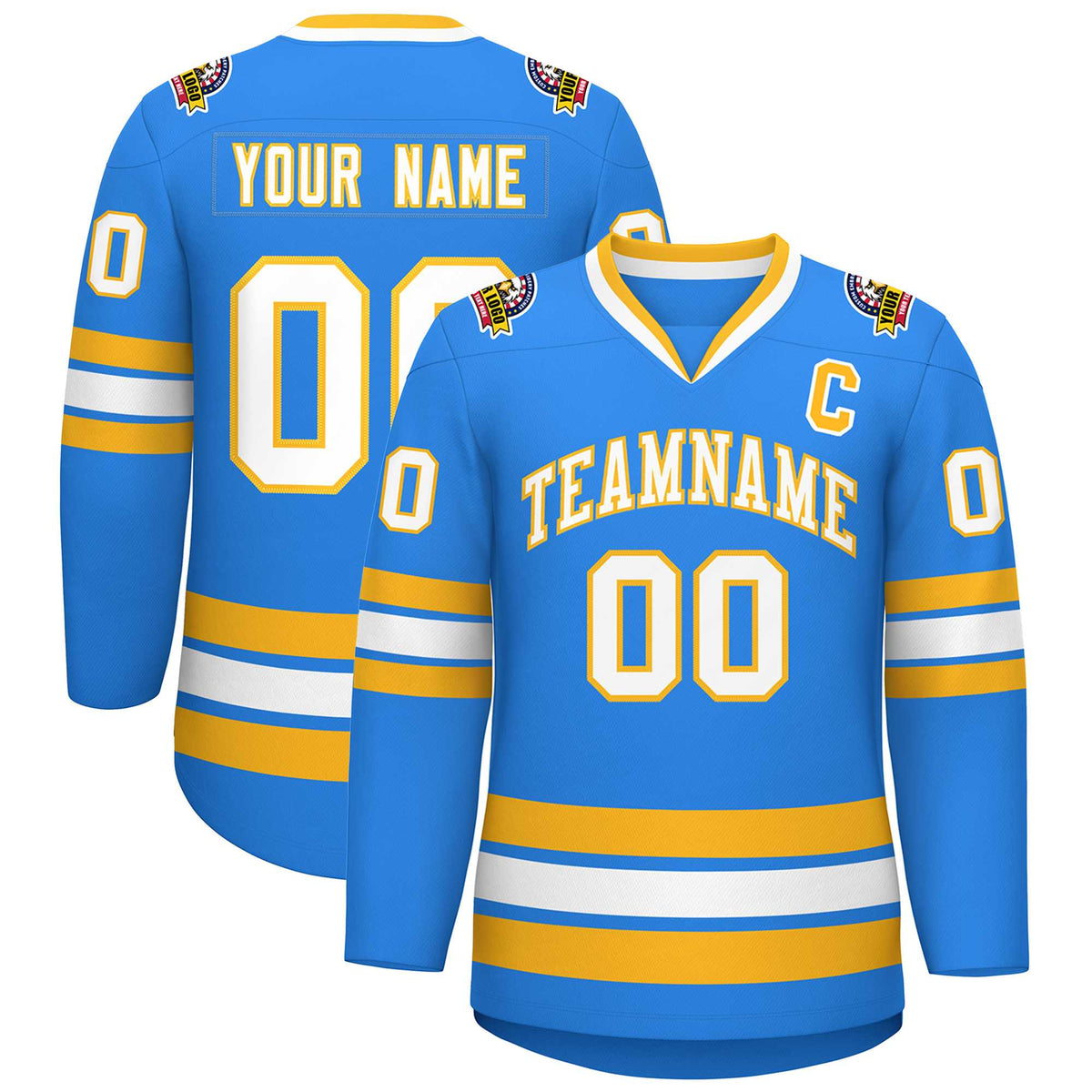 Custom Powder Blue White-Gold Classic Style Hockey Jersey | KXKSHOP