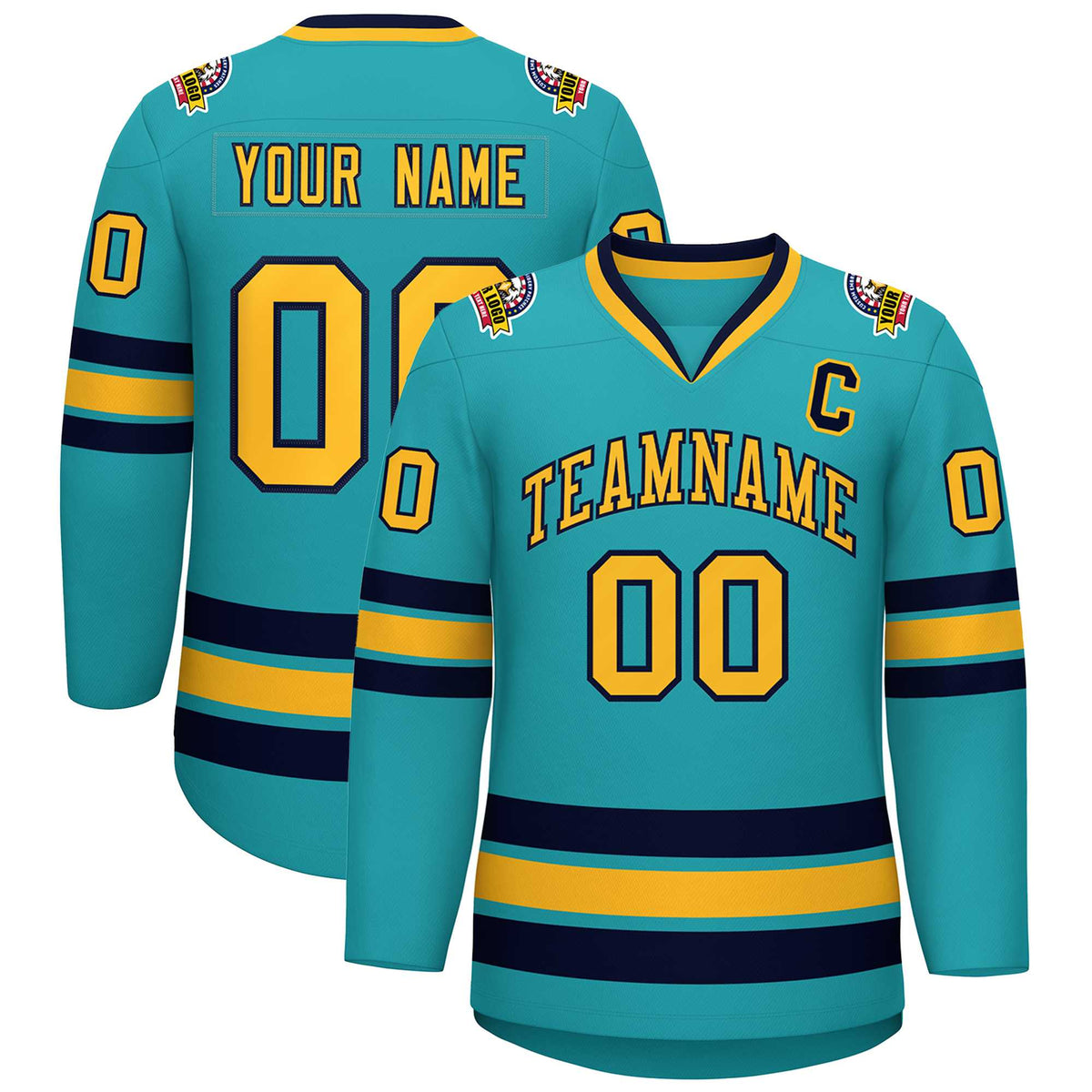 Custom Aqua Gold-Navy Classic Style Hockey Jersey | KXKSHOP