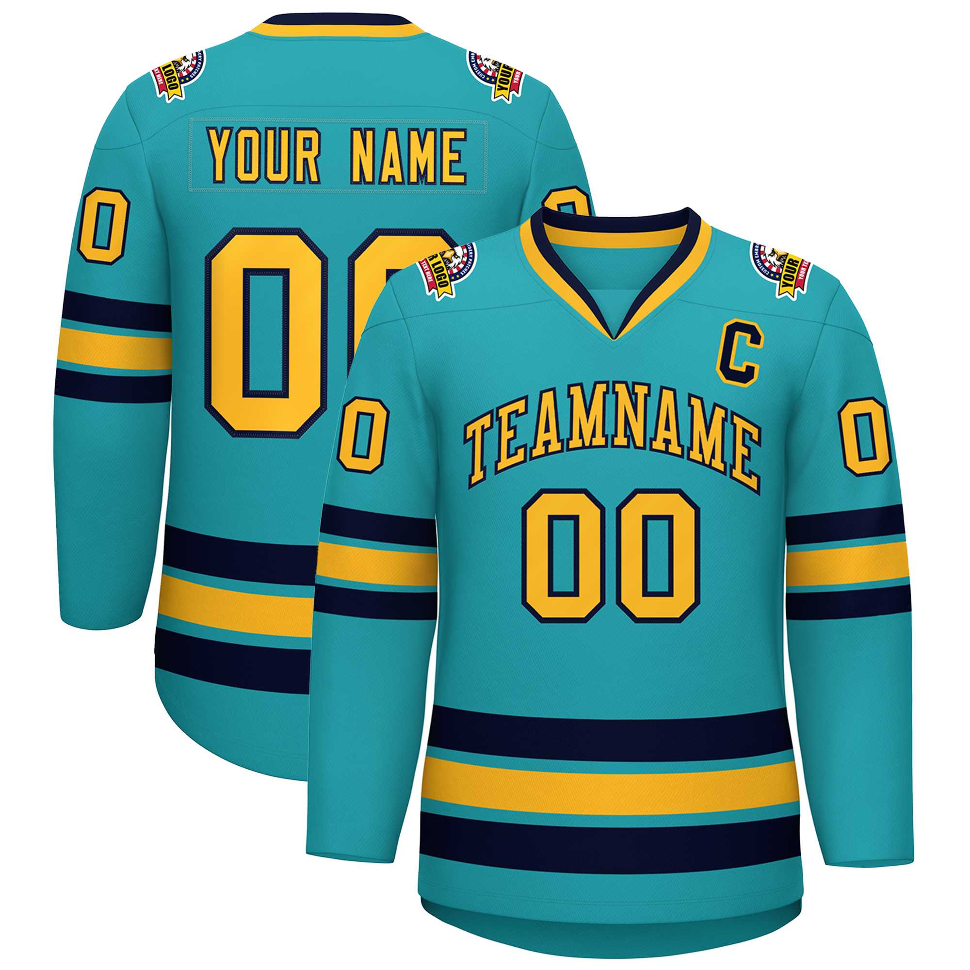 Custom Aqua Gold-Navy Classic Style Hockey Jersey | KXKSHOP