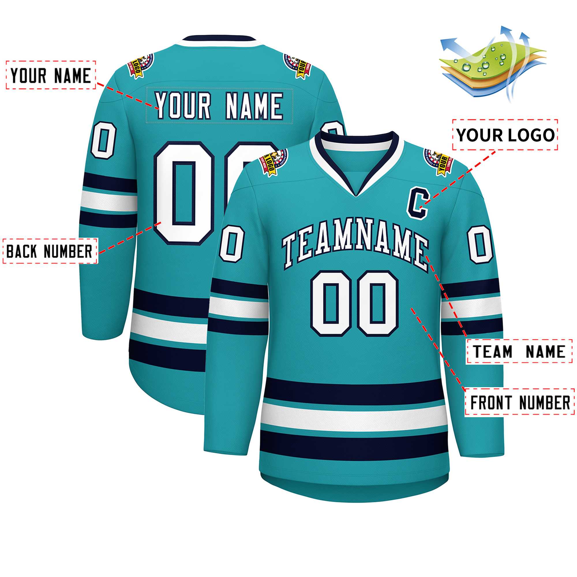 Custom Aqua White-Navy Classic Style Hockey Jersey | KXKSHOP