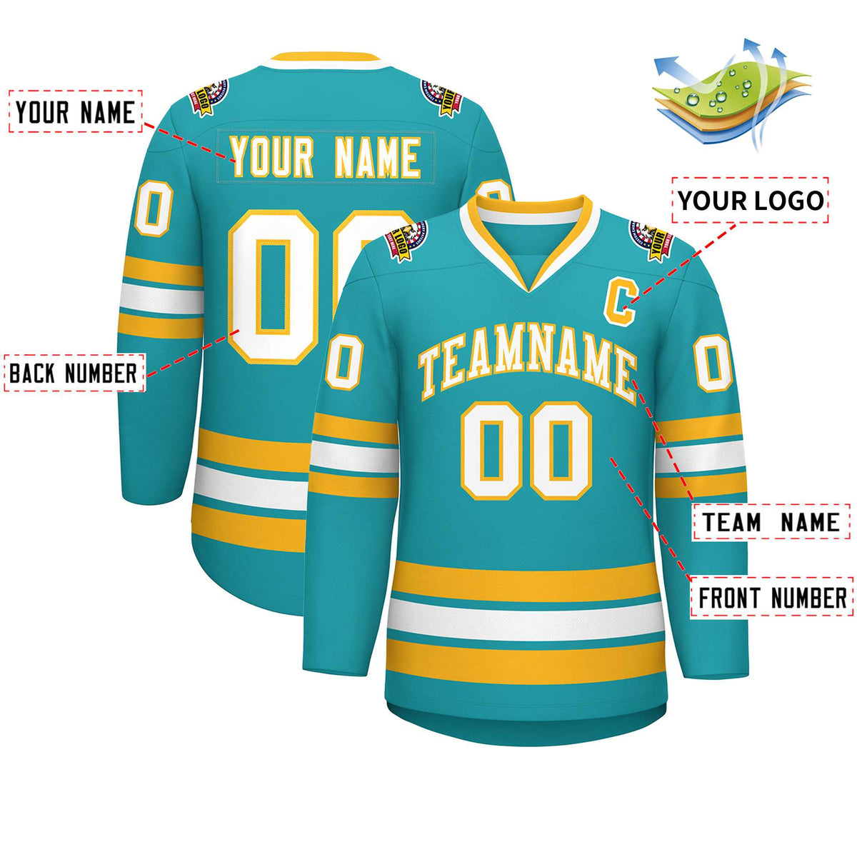 Custom Aqua White-Gold Classic Style Hockey Jersey | KXKSHOP