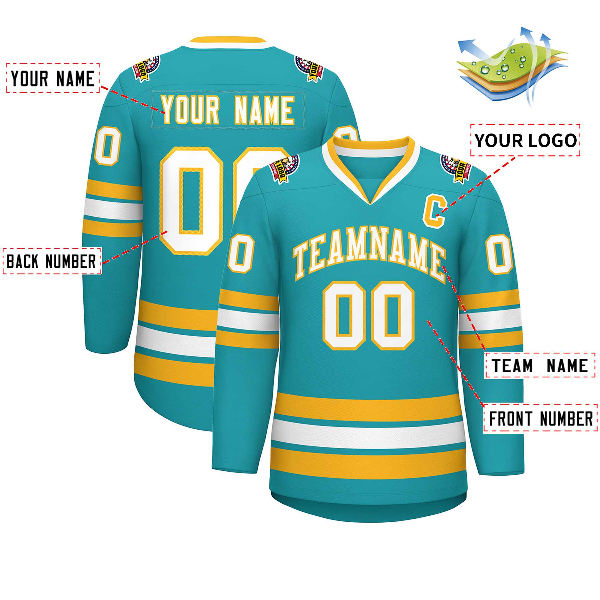 Custom Aqua White-Gold Classic Style Hockey Jersey | KXKSHOP