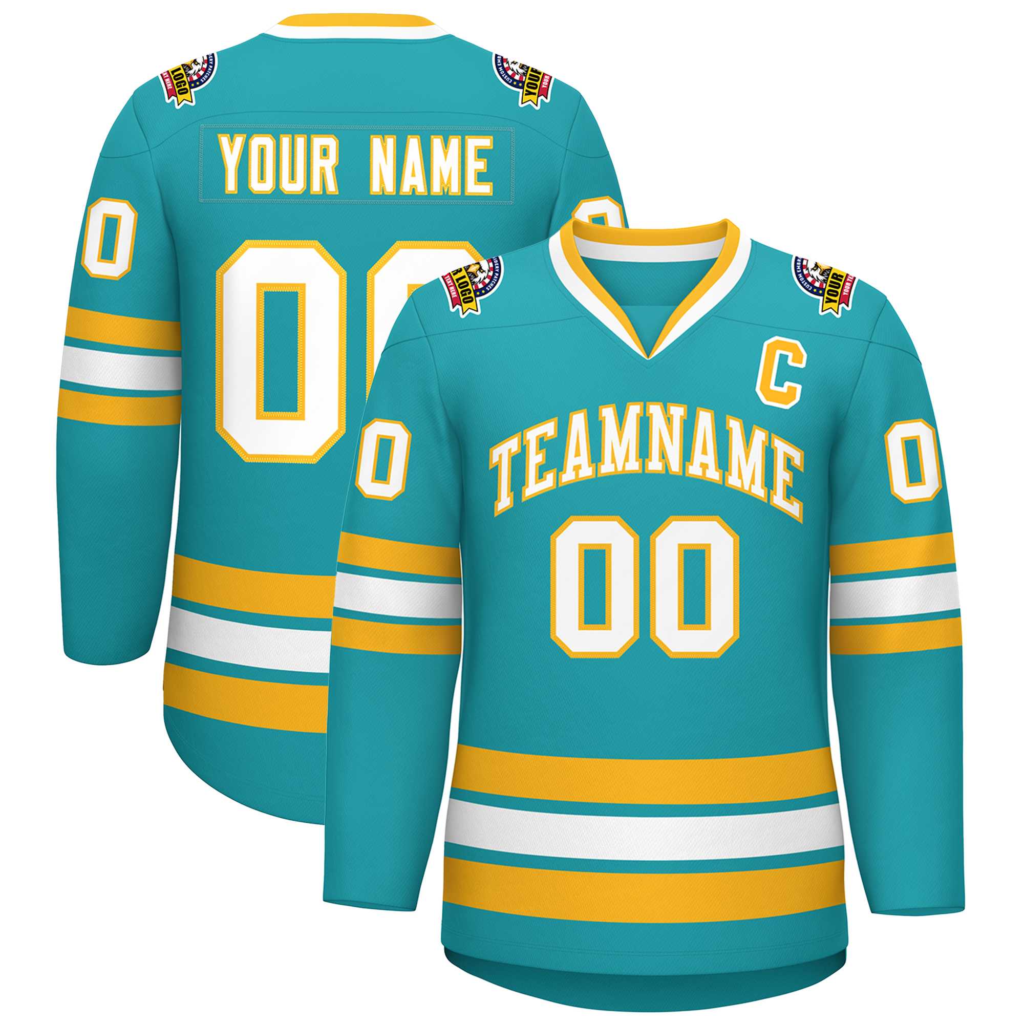 Custom Aqua White-Gold Classic Style Hockey Jersey | KXKSHOP