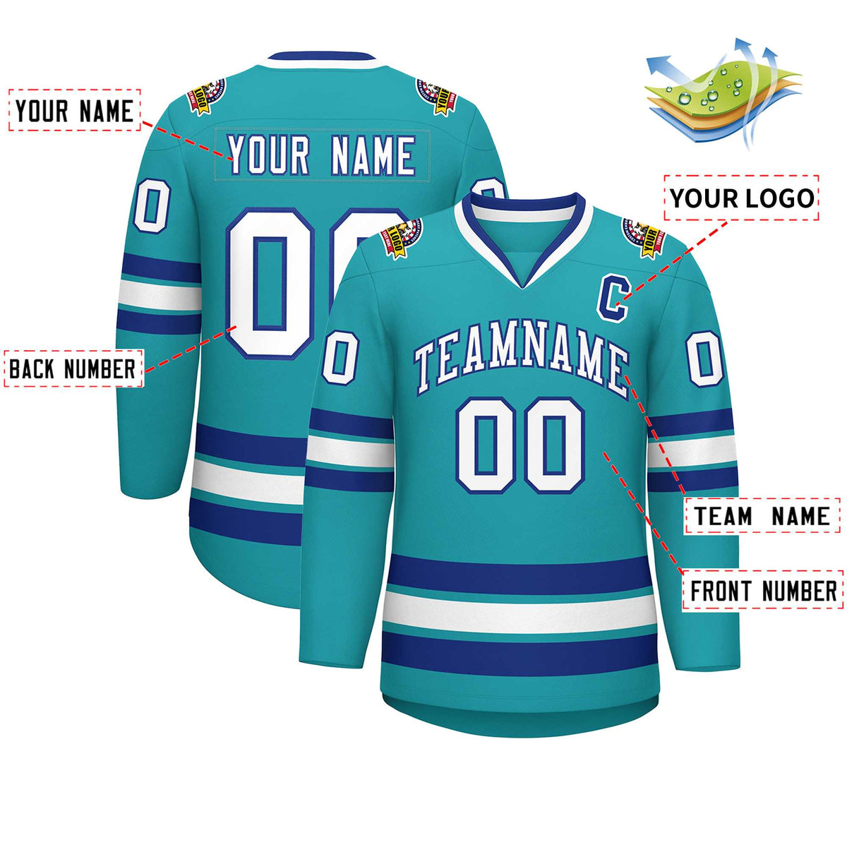 Custom Aqua White-Royal Classic Style Hockey Jersey | KXKSHOP