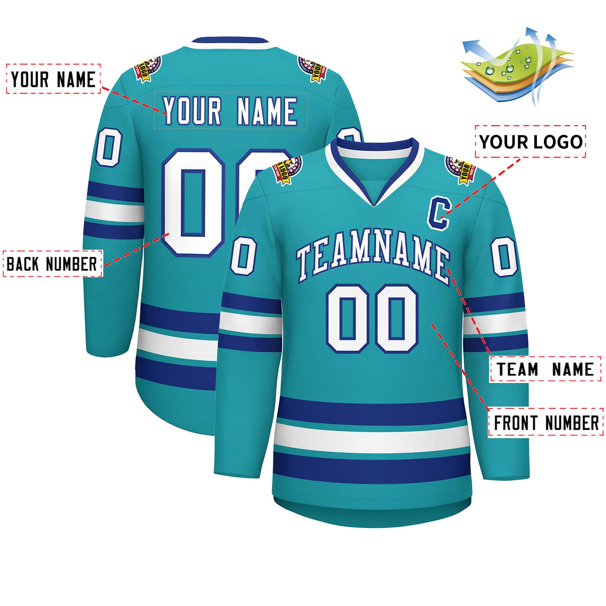 Custom Aqua White-Royal Classic Style Hockey Jersey | KXKSHOP