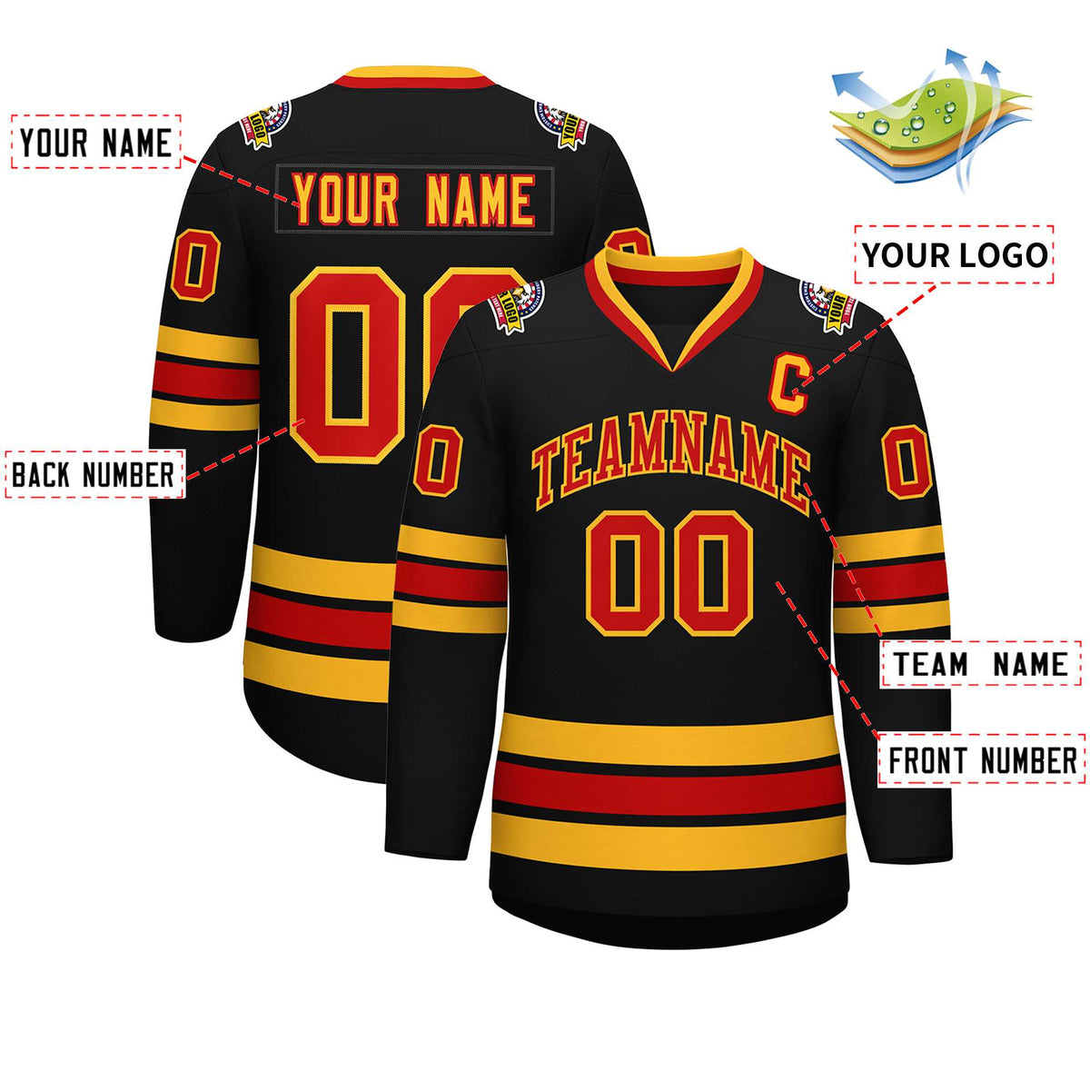 Custom Black Red-Gold Classic Style Hockey Jersey | KXKSHOP