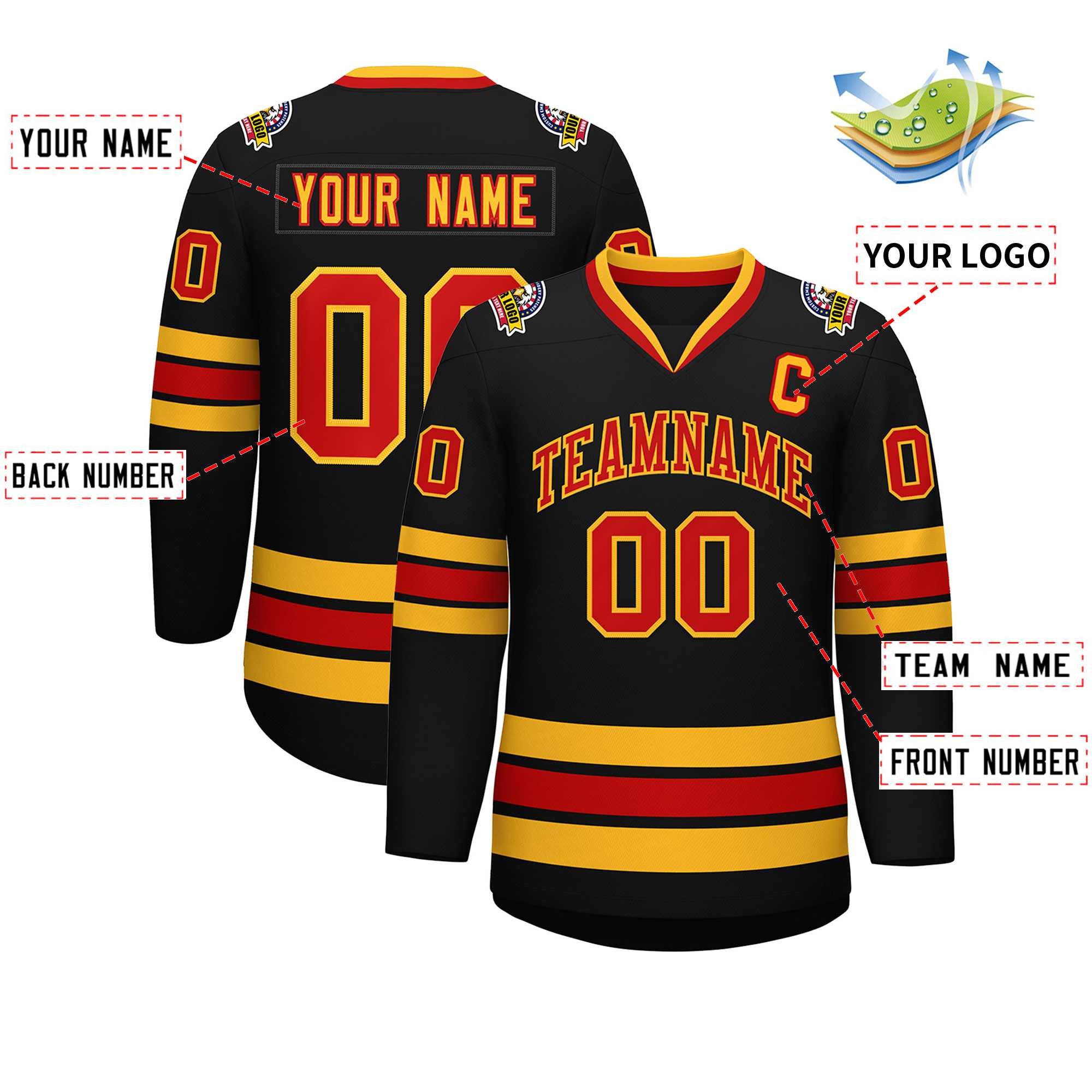 Custom Black Red-Gold Classic Style Hockey Jersey | KXKSHOP