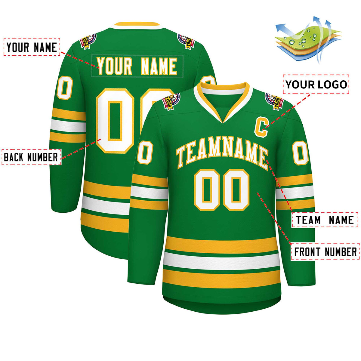 Custom Kelly Green White-Gold Classic Style Hockey Jersey | KXKSHOP
