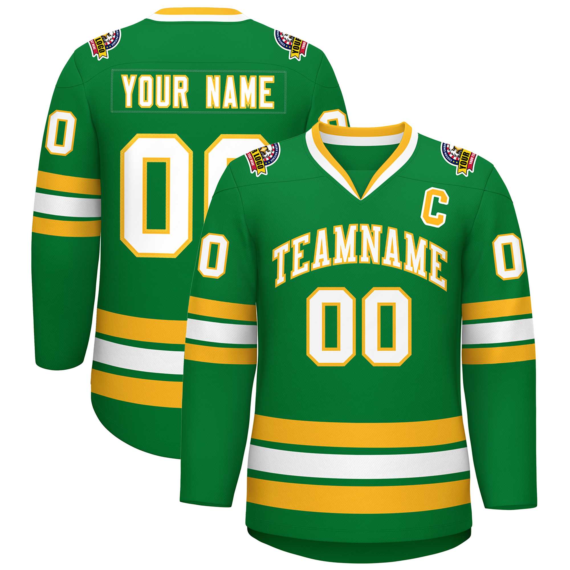 Custom Kelly Green White-Gold Classic Style Hockey Jersey | KXKSHOP